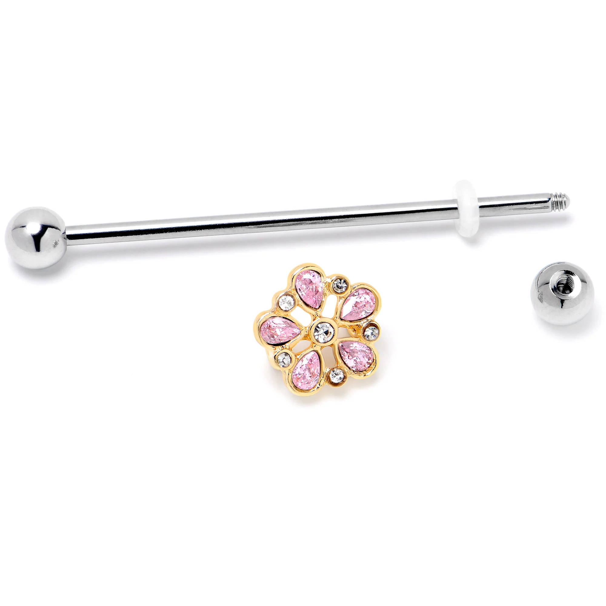 14G Pink Gem Filigree Flower Fantasy Industrial Barbell 38mm - Image 4