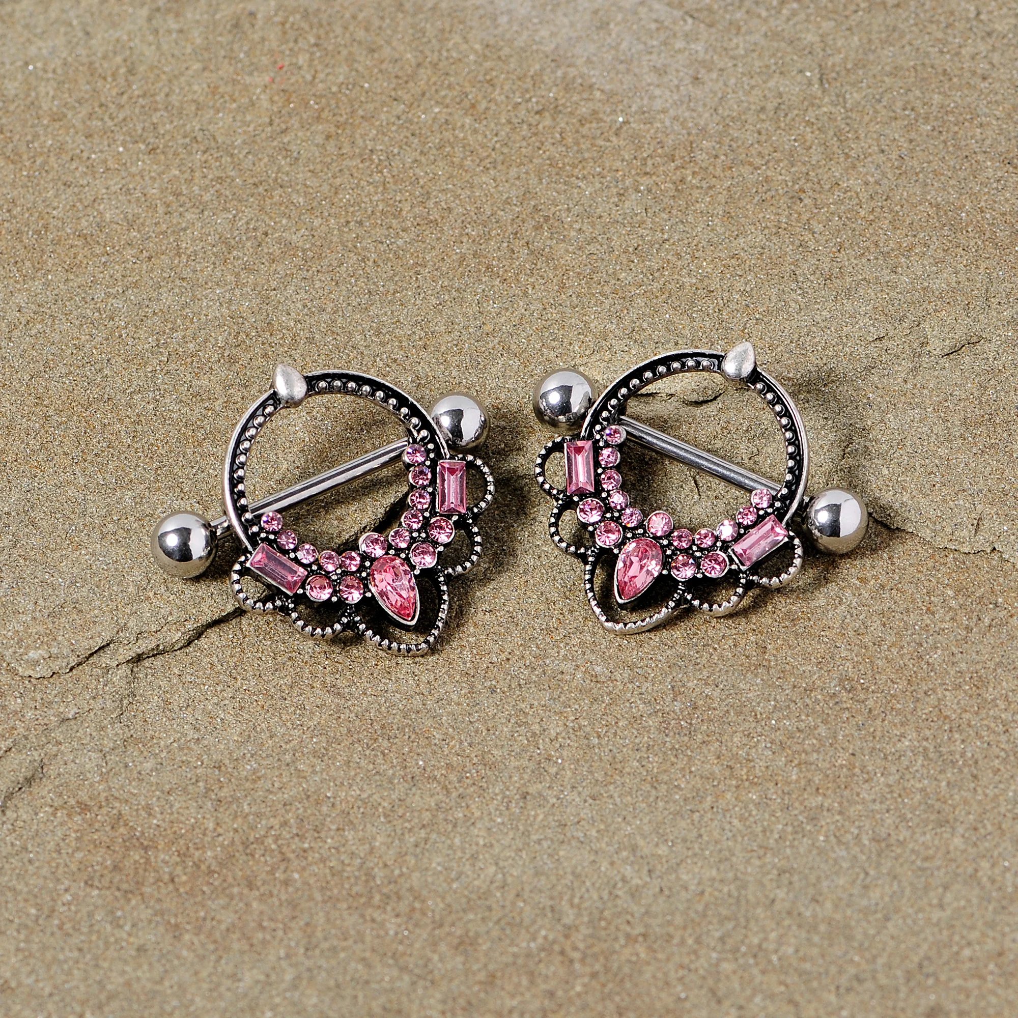 14G 5/8 Pink Gem Filigree Nipple Shield Set - Image 2