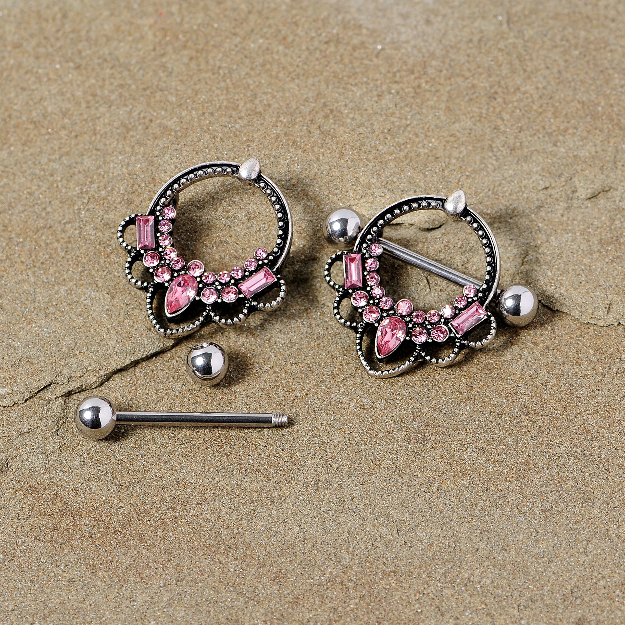 14G 5/8 Pink Gem Filigree Nipple Shield Set - Image 3