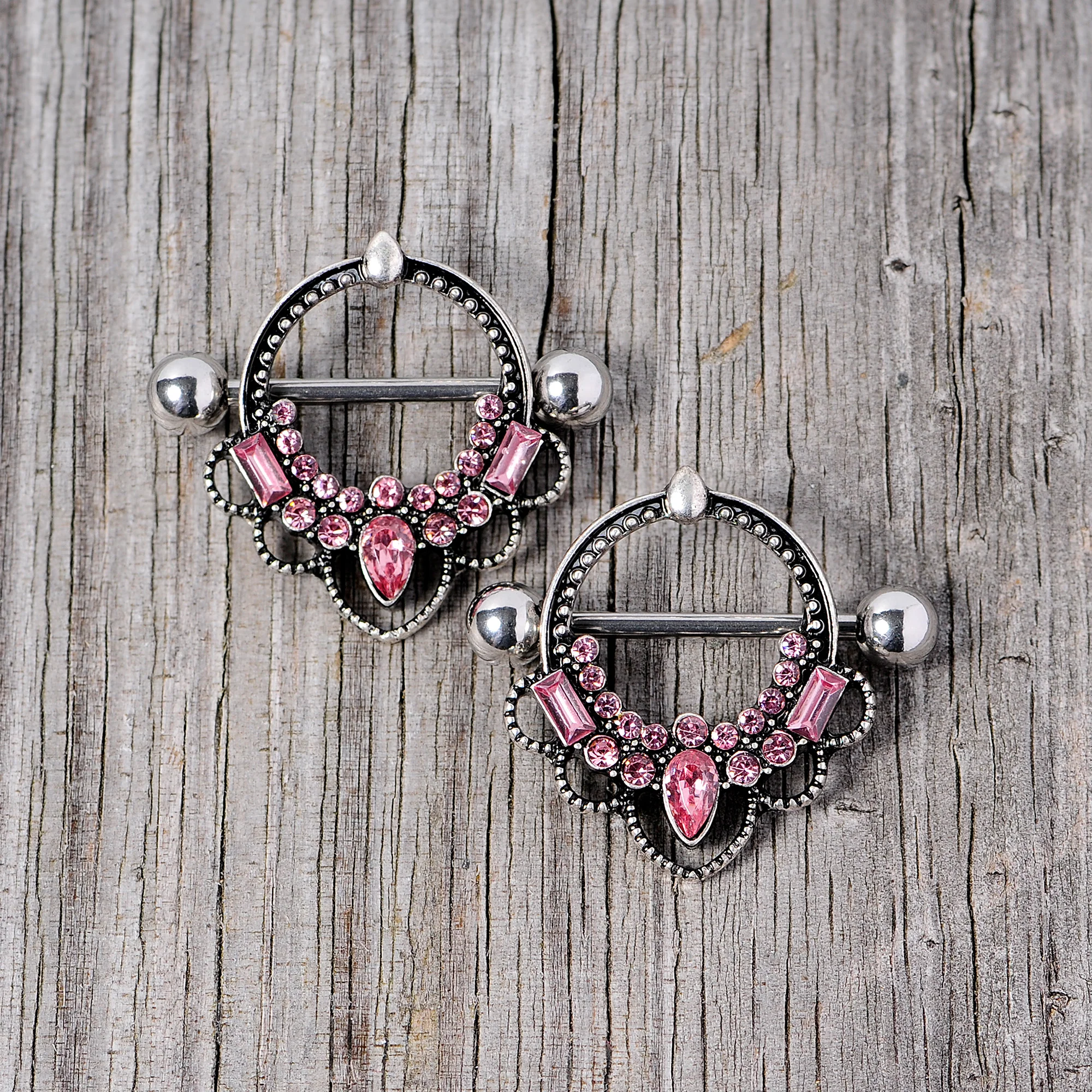 14G 5/8 Pink Gem Filigree Nipple Shield Set - Image 4