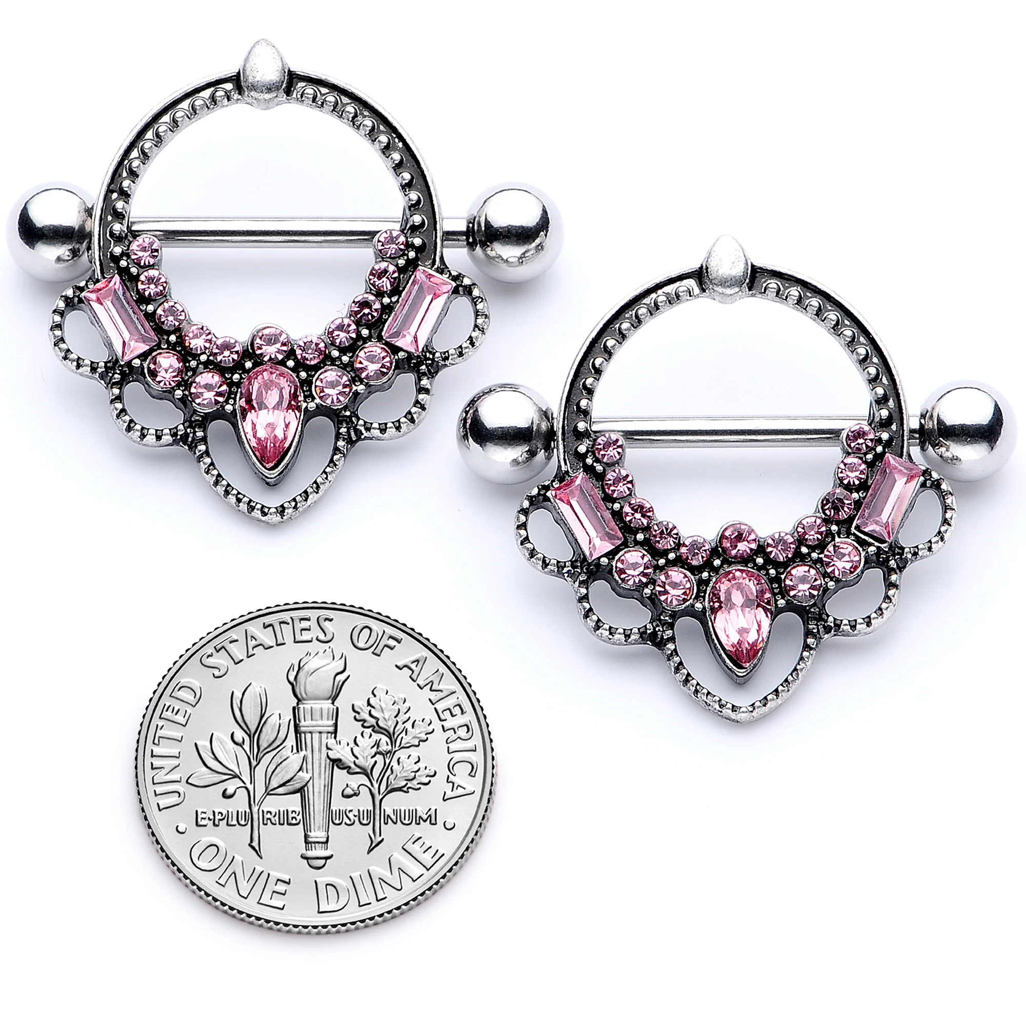 14G 5/8 Pink Gem Filigree Nipple Shield Set - Image 5