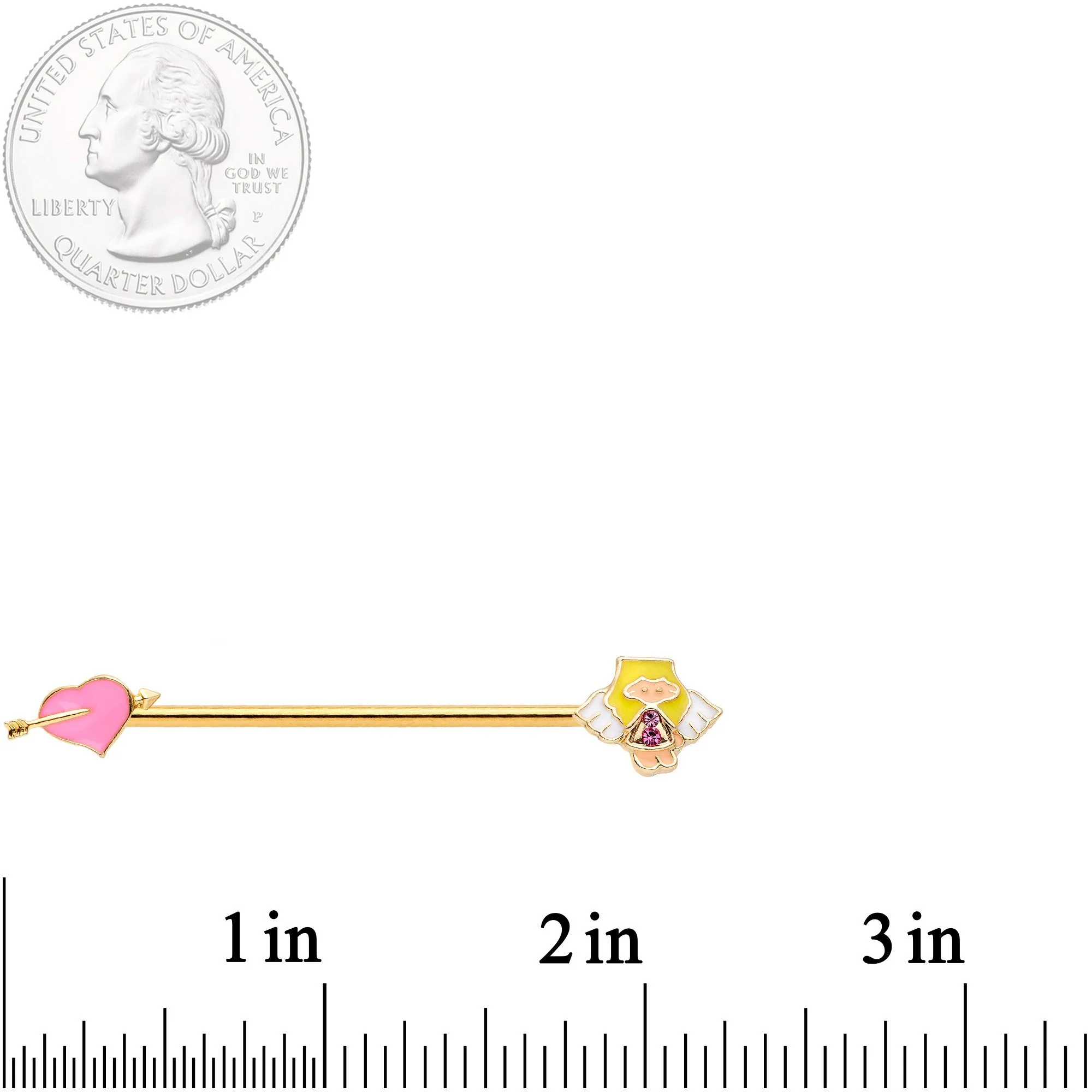 14G Pink Gem Gold Tone Cupid Industrial Barbell 38mm - Image 2