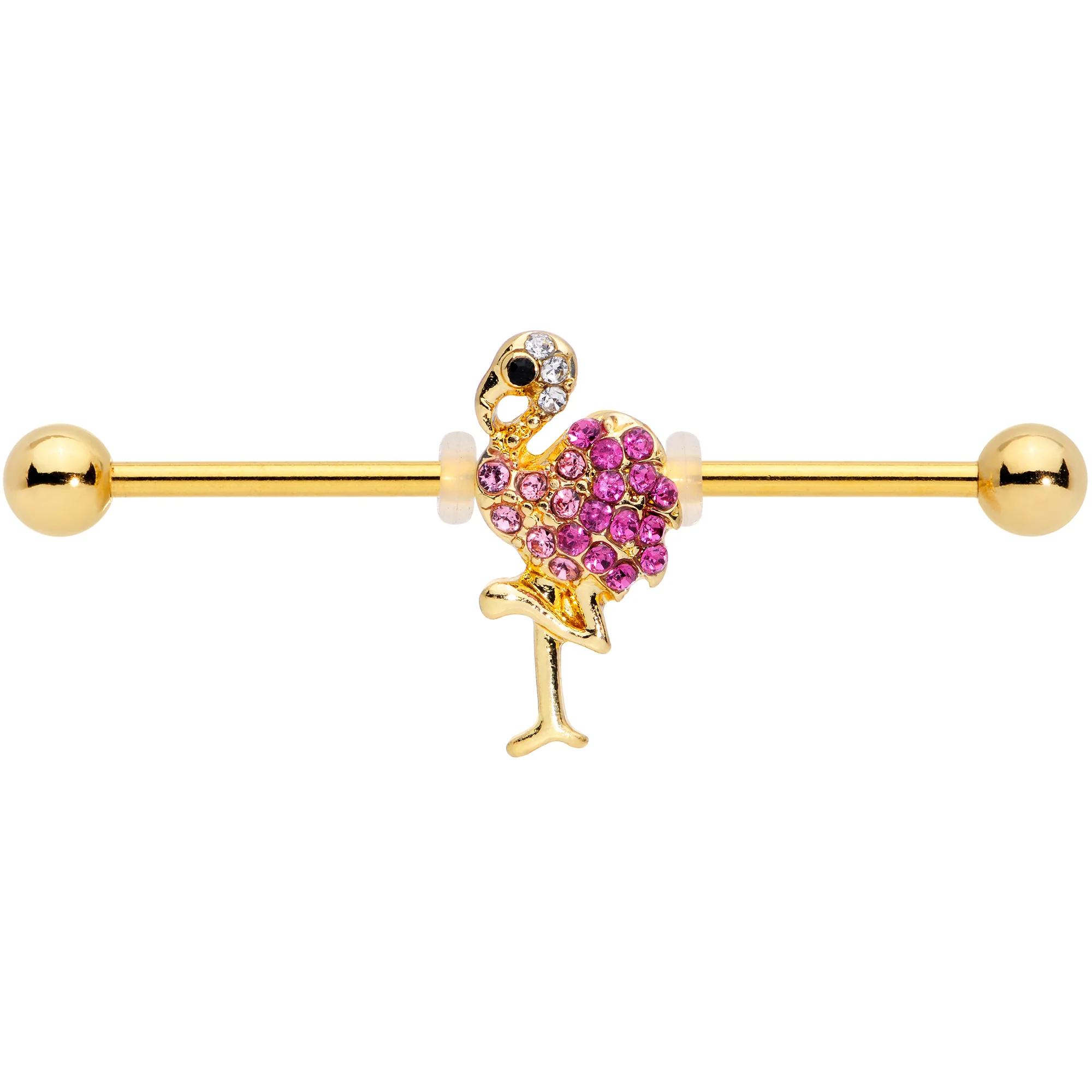 14G Pink Gem Gold Tone Fashion Flamingo Industrial Barbell 38mm - Image 2