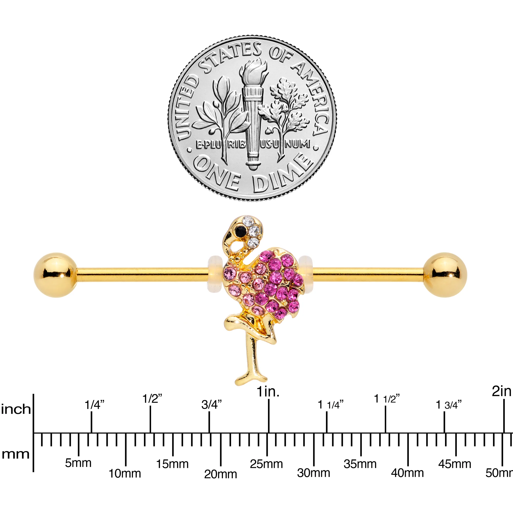 14G Pink Gem Gold Tone Fashion Flamingo Industrial Barbell 38mm - Image 3