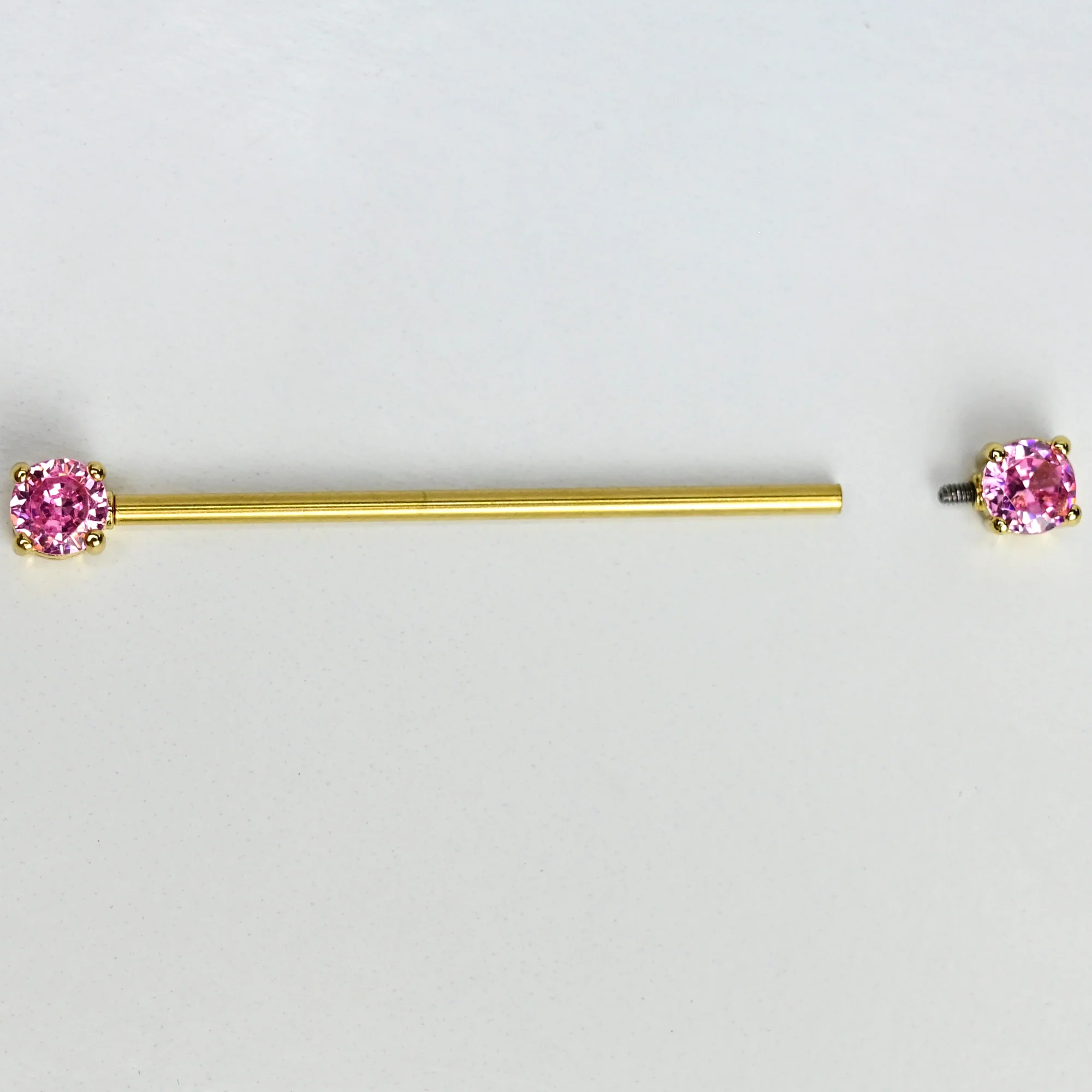 14G Pink Gem Gold Tone Internally Threaded Industrial Barbell 38mm - Image 2