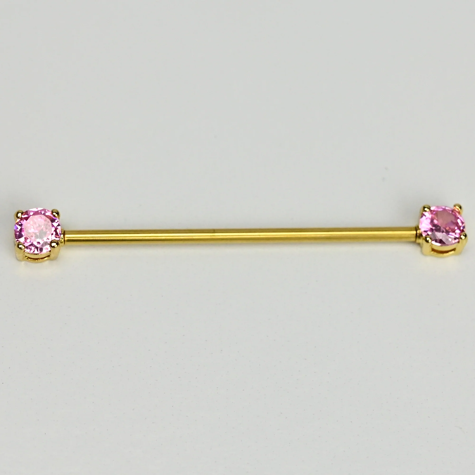 14G Pink Gem Gold Tone Internally Threaded Industrial Barbell 38mm - Image 3