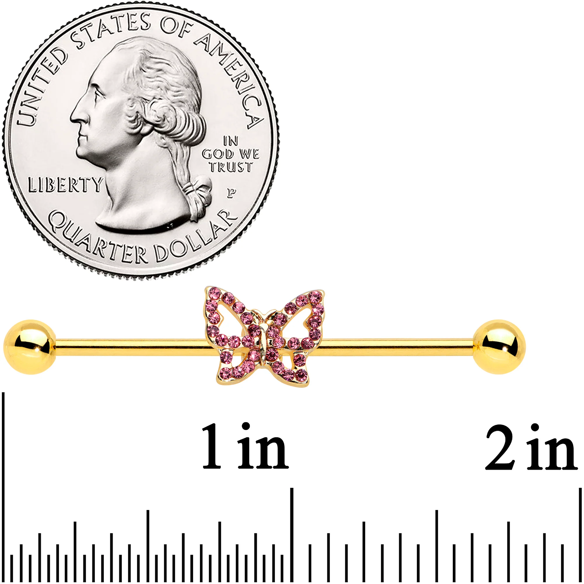14G Pink Gem Gold Tone Simple Butterfly Industrial Barbell 38mm - Image 2