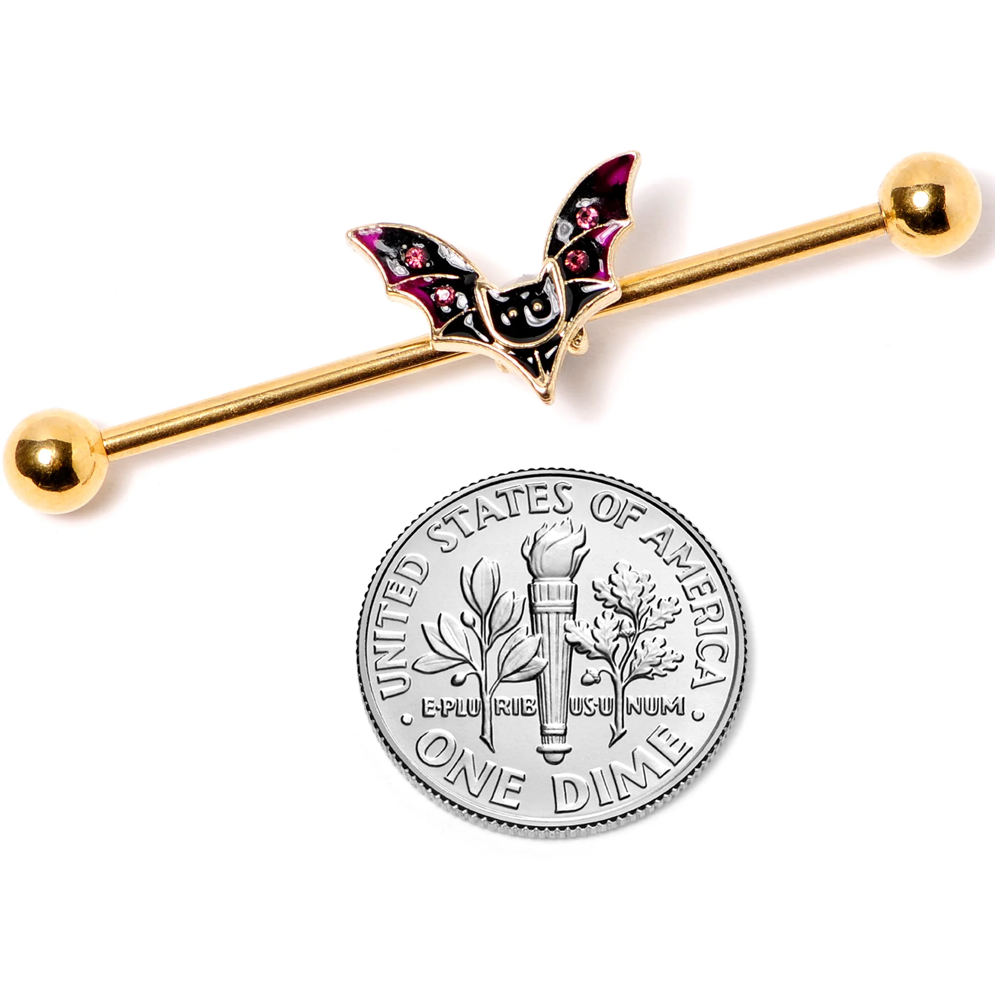 14G Pink Gem Gold Tone Vamp Bat Halloween Industrial Barbell 38mm - Image 5