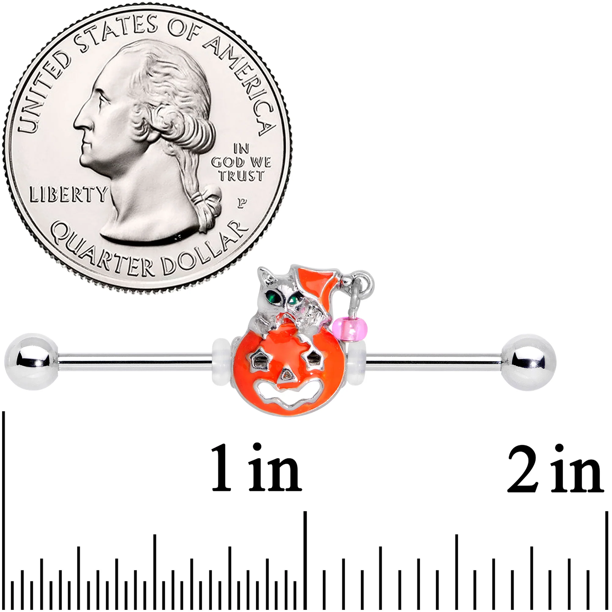 14G Pink Gem Kitty Pumpkin Halloween Industrial Barbell 38mm - Image 2