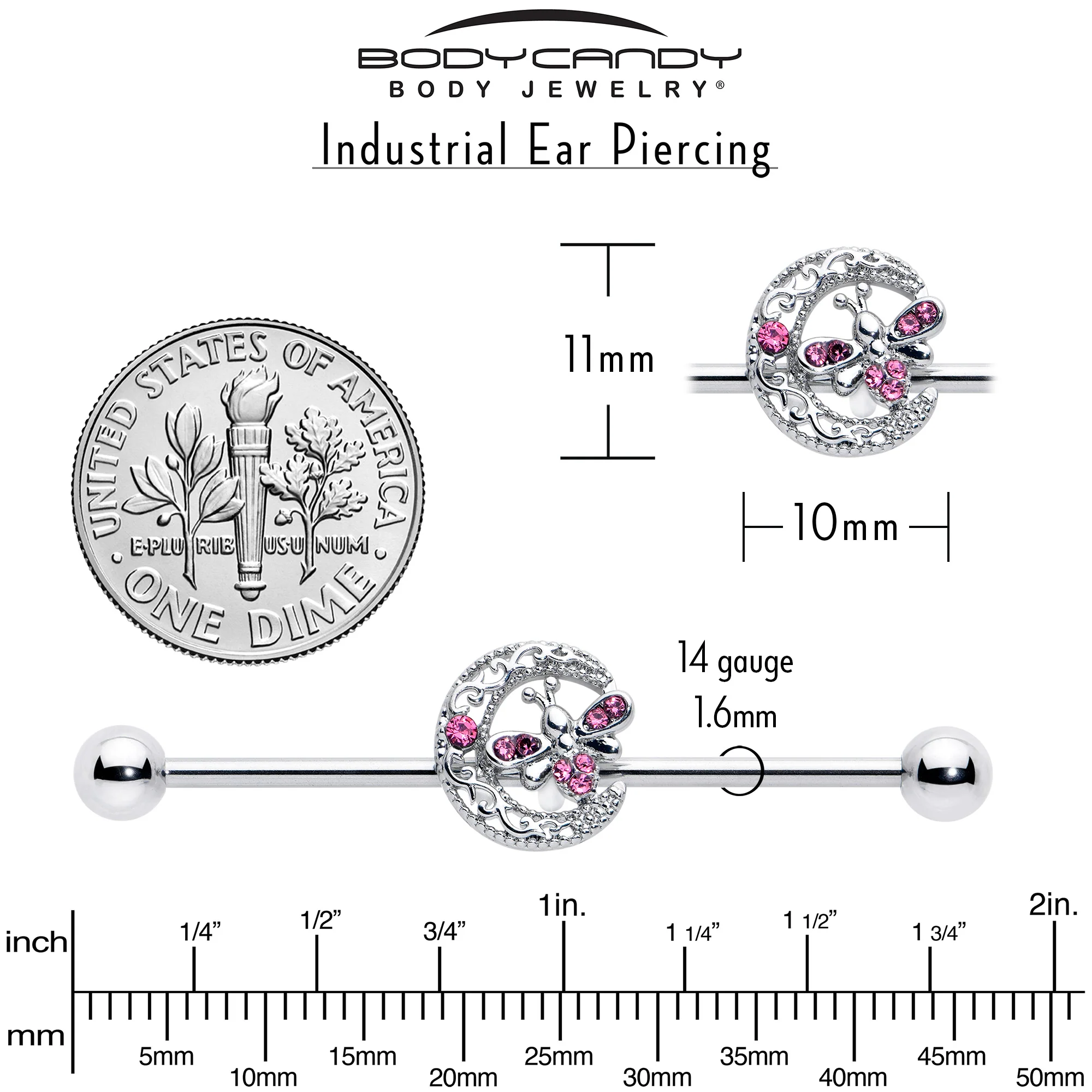 14G Pink Gem Lunar Dragonfly Industrial Barbell 38mm - Image 6