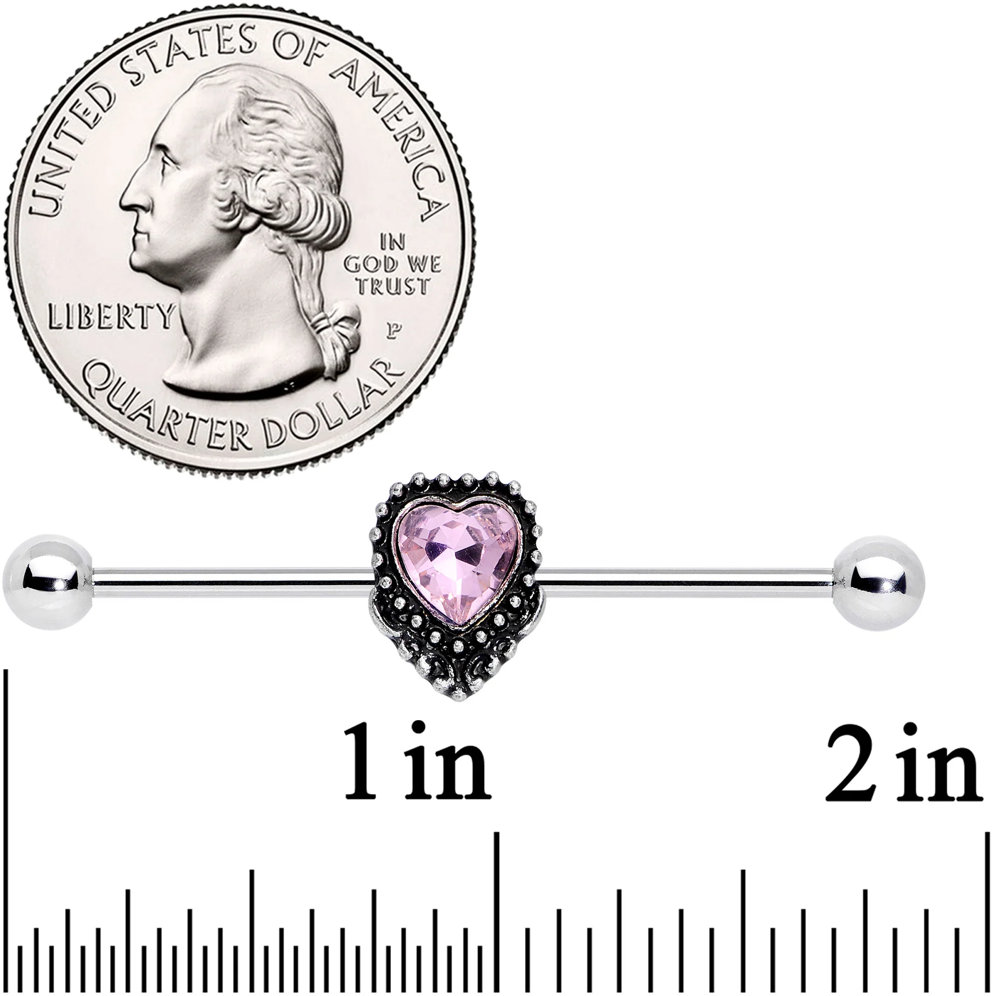 14G Pink Gem Regal Textured Heart Industrial Barbell 38mm - Image 2
