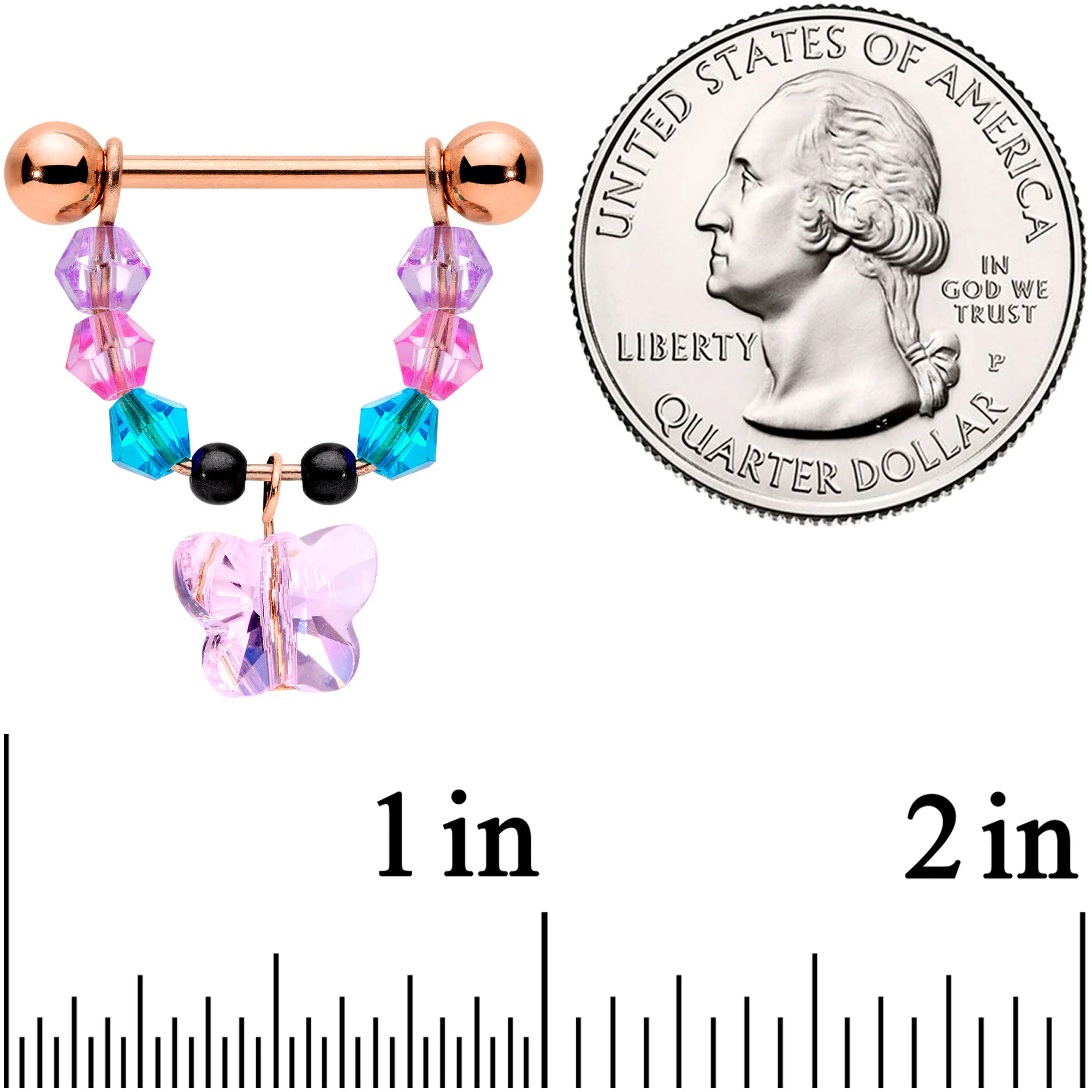 14G Pink Gem Rose Gold Tone Butterfly Dangle Nipple Ring Set - Image 2