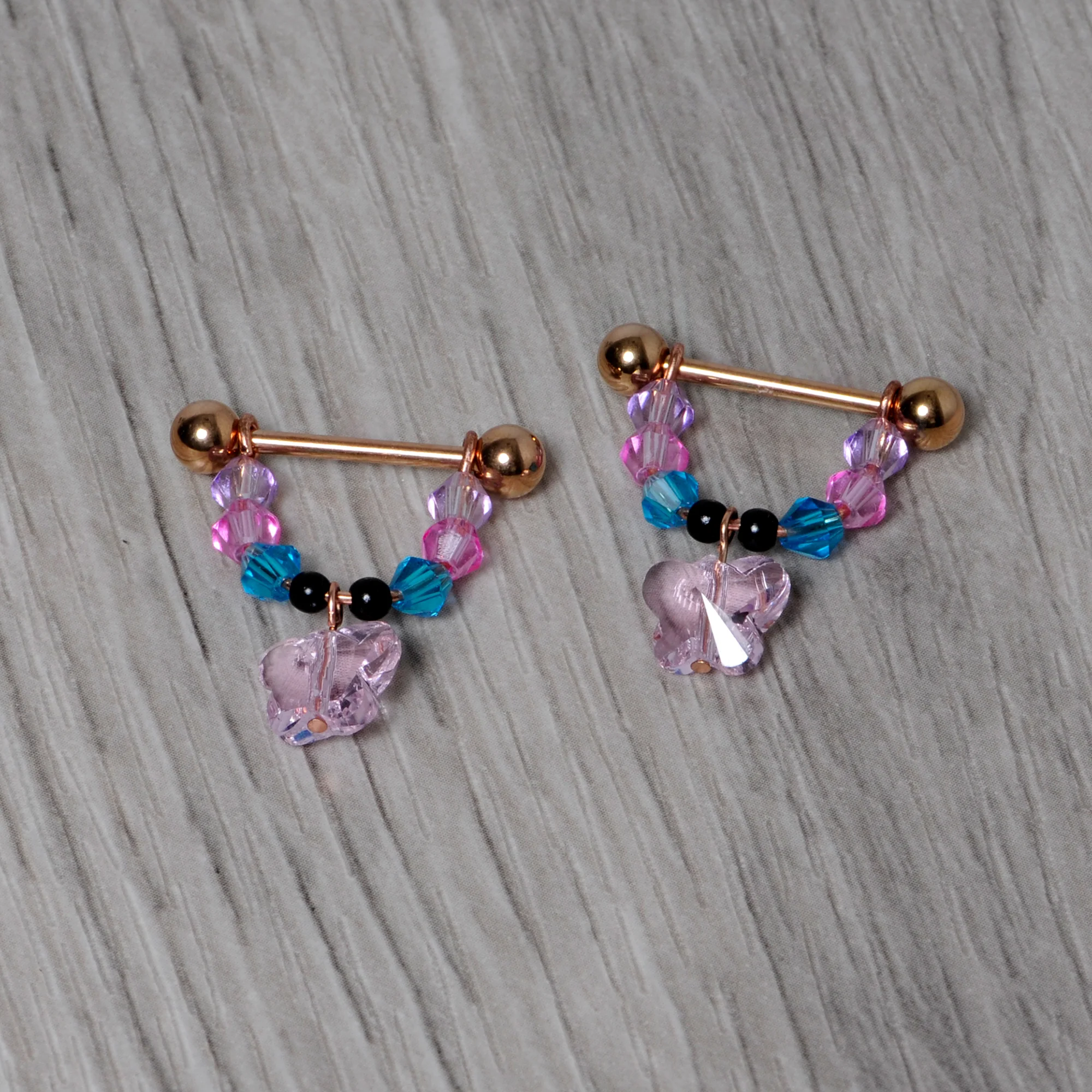 14G Pink Gem Rose Gold Tone Butterfly Dangle Nipple Ring Set - Image 3