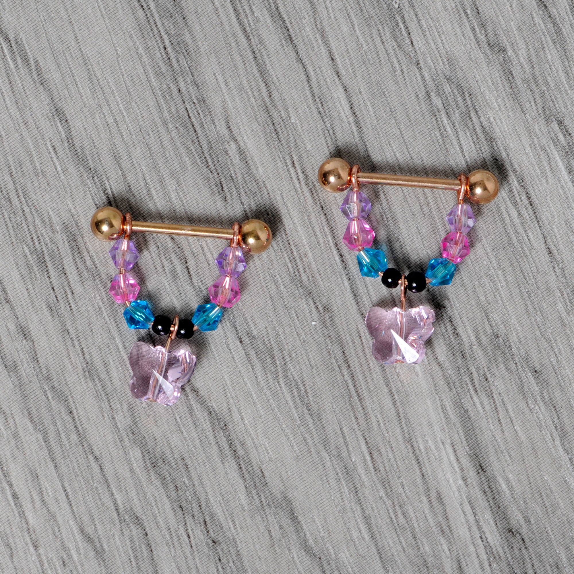 14G Pink Gem Rose Gold Tone Butterfly Dangle Nipple Ring Set - Image 5