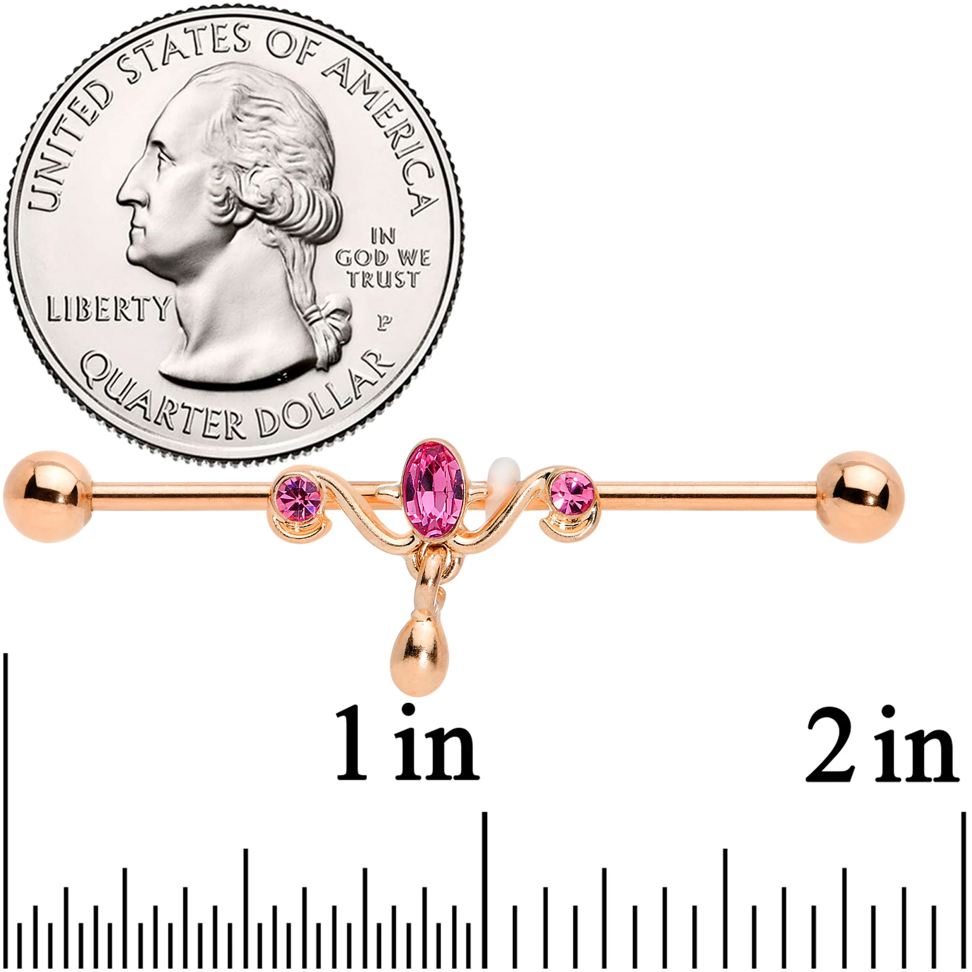 14G Pink Gem Rose Gold Tone Drop Dangle Industrial Barbell 38mm - Image 2