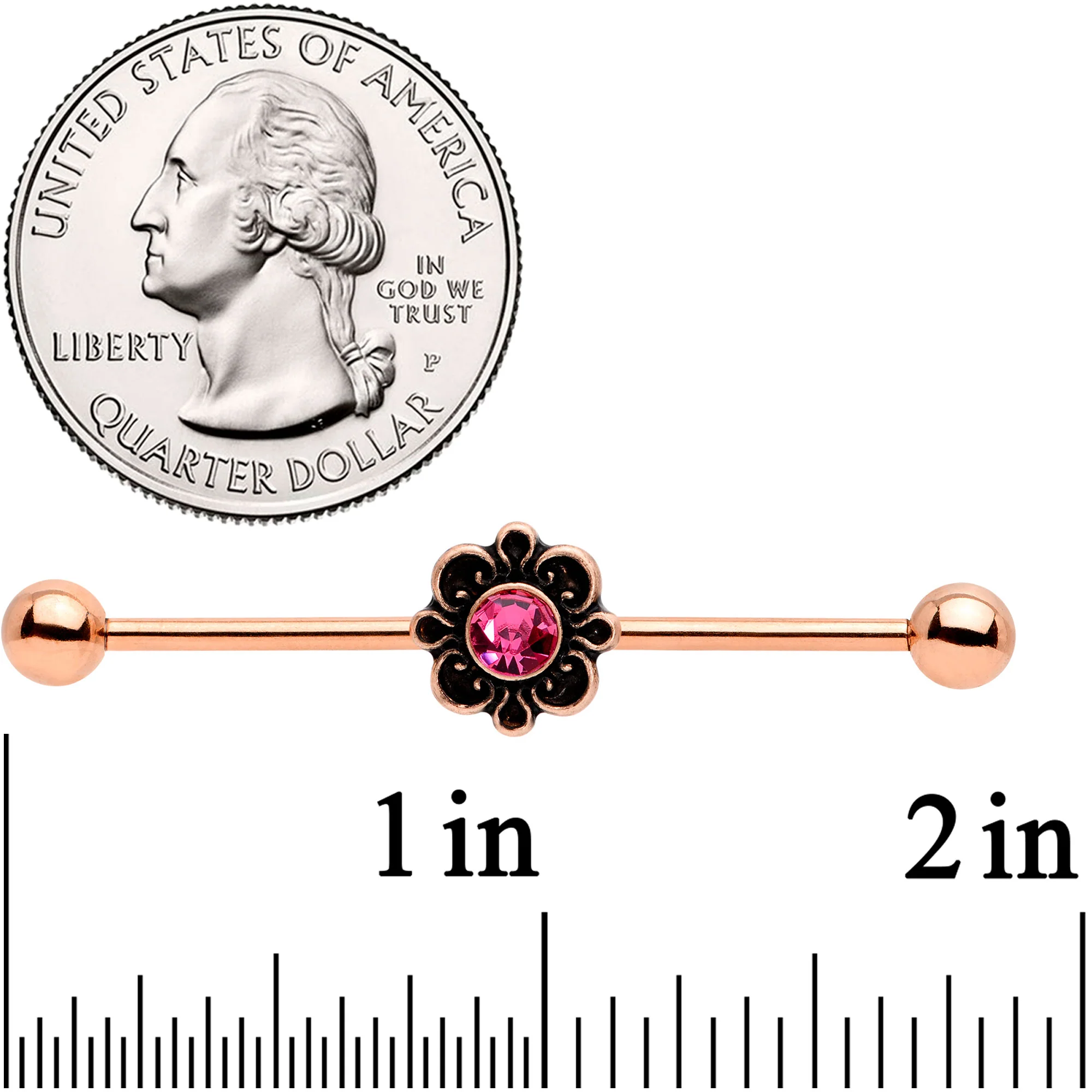 14G Pink Gem Rose Gold Tone Flower Industrial Barbell 38mm - Image 2