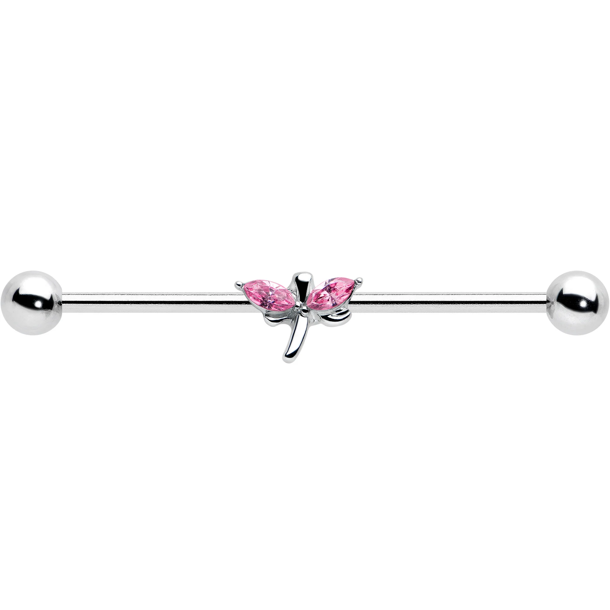 14G Pink Gem Simple Stylized Dragonfly Industrial Barbell 38mm - Image 2