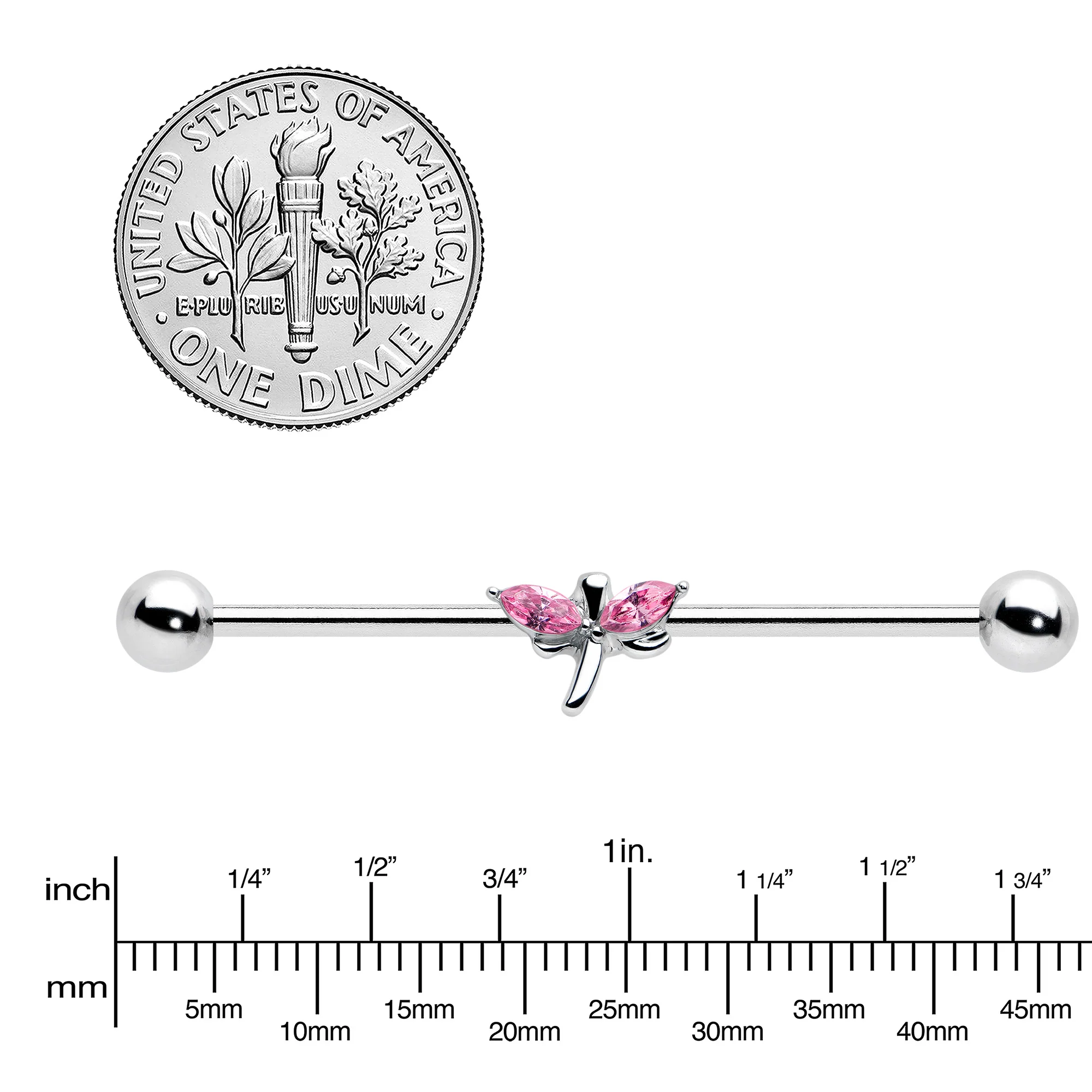 14G Pink Gem Simple Stylized Dragonfly Industrial Barbell 38mm - Image 3