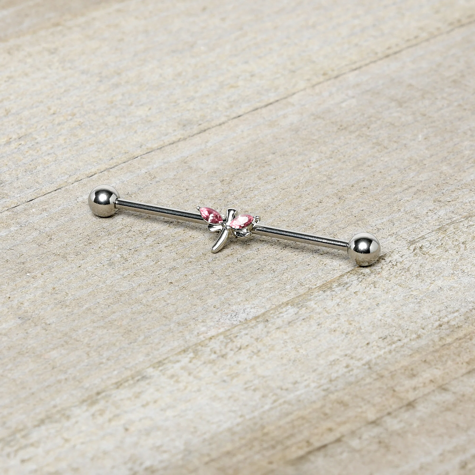 14G Pink Gem Simple Stylized Dragonfly Industrial Barbell 38mm - Image 4