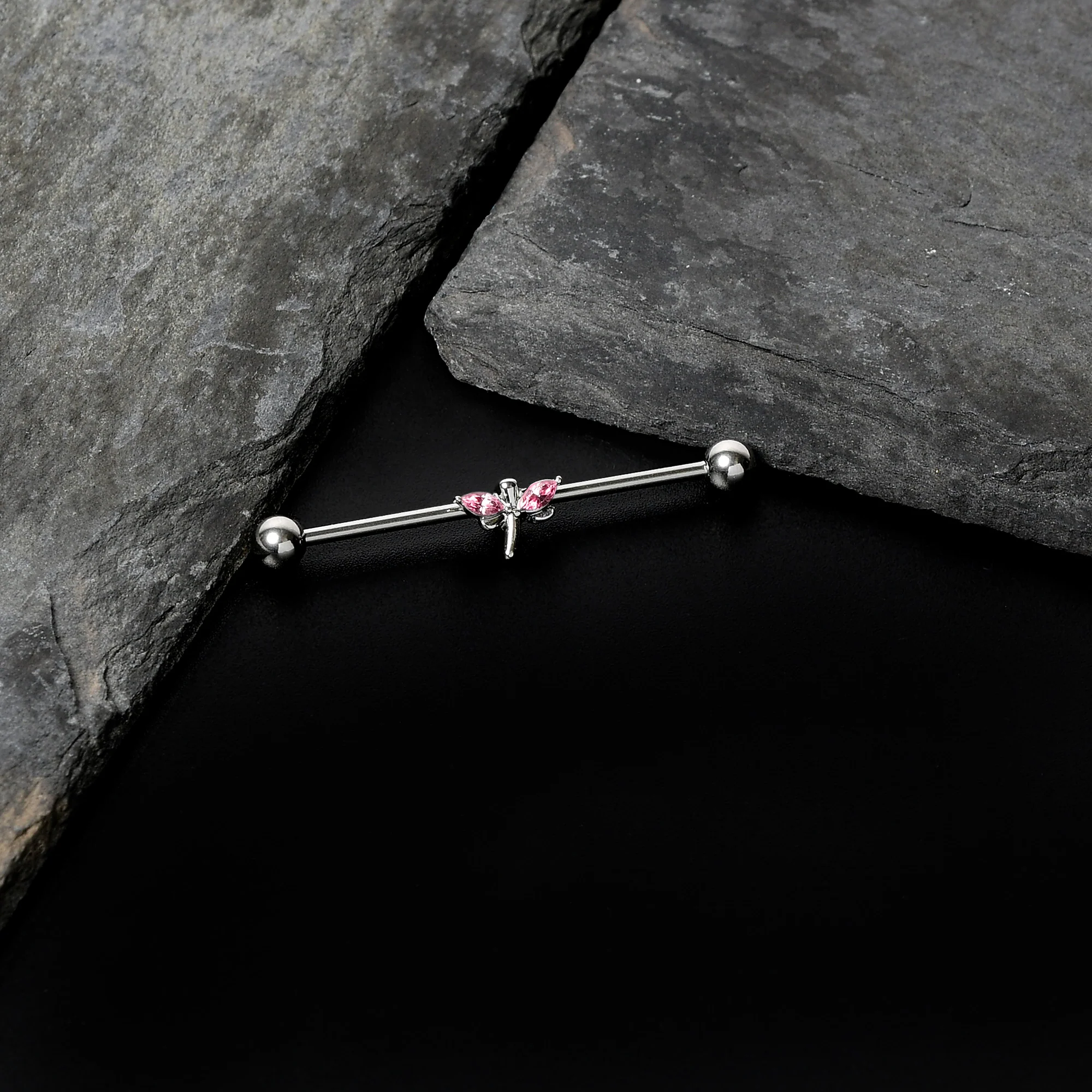 14G Pink Gem Simple Stylized Dragonfly Industrial Barbell 38mm - Image 6