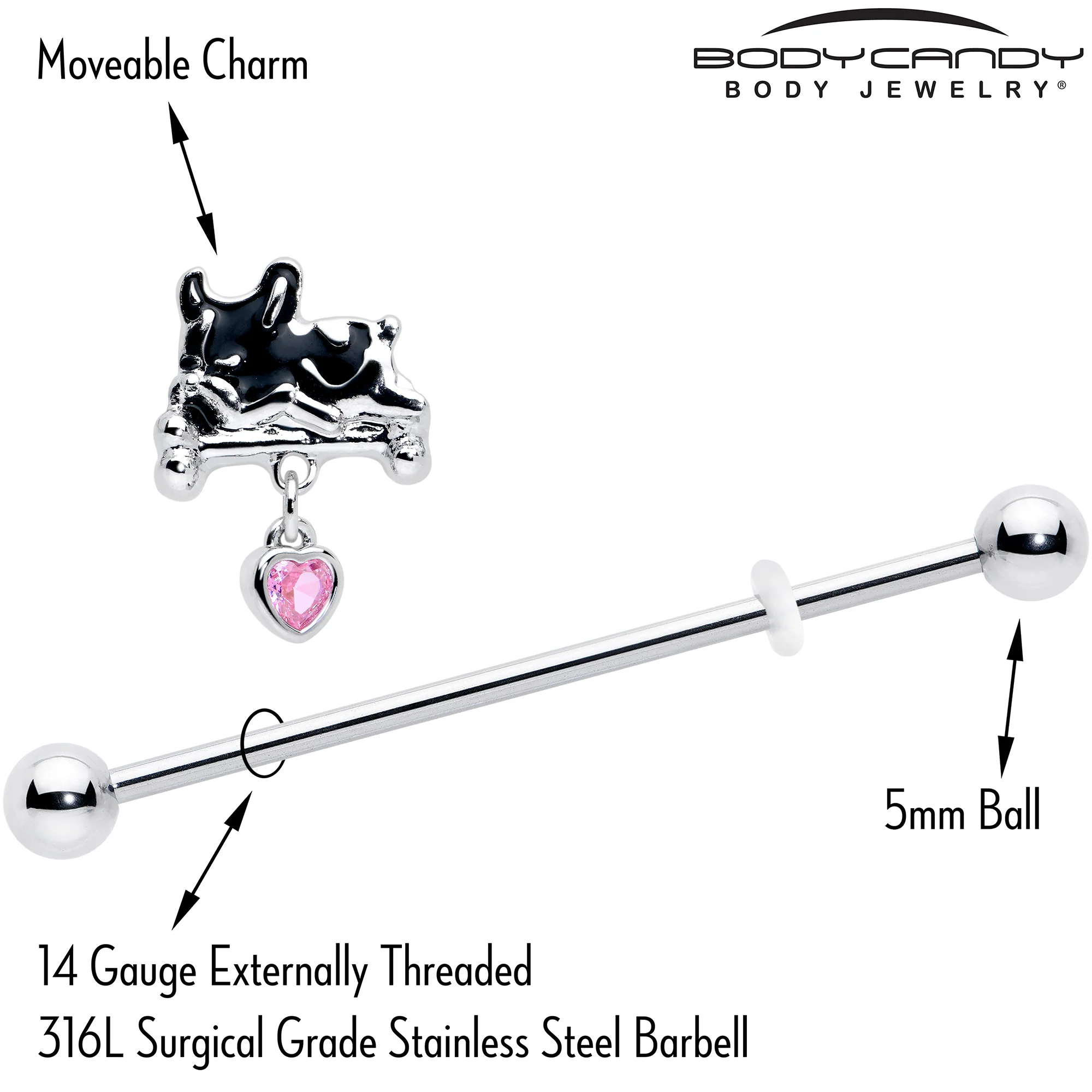14G Pink Gem Sleepy French Bulldog Dangle Industrial Barbell 38mm - Image 4