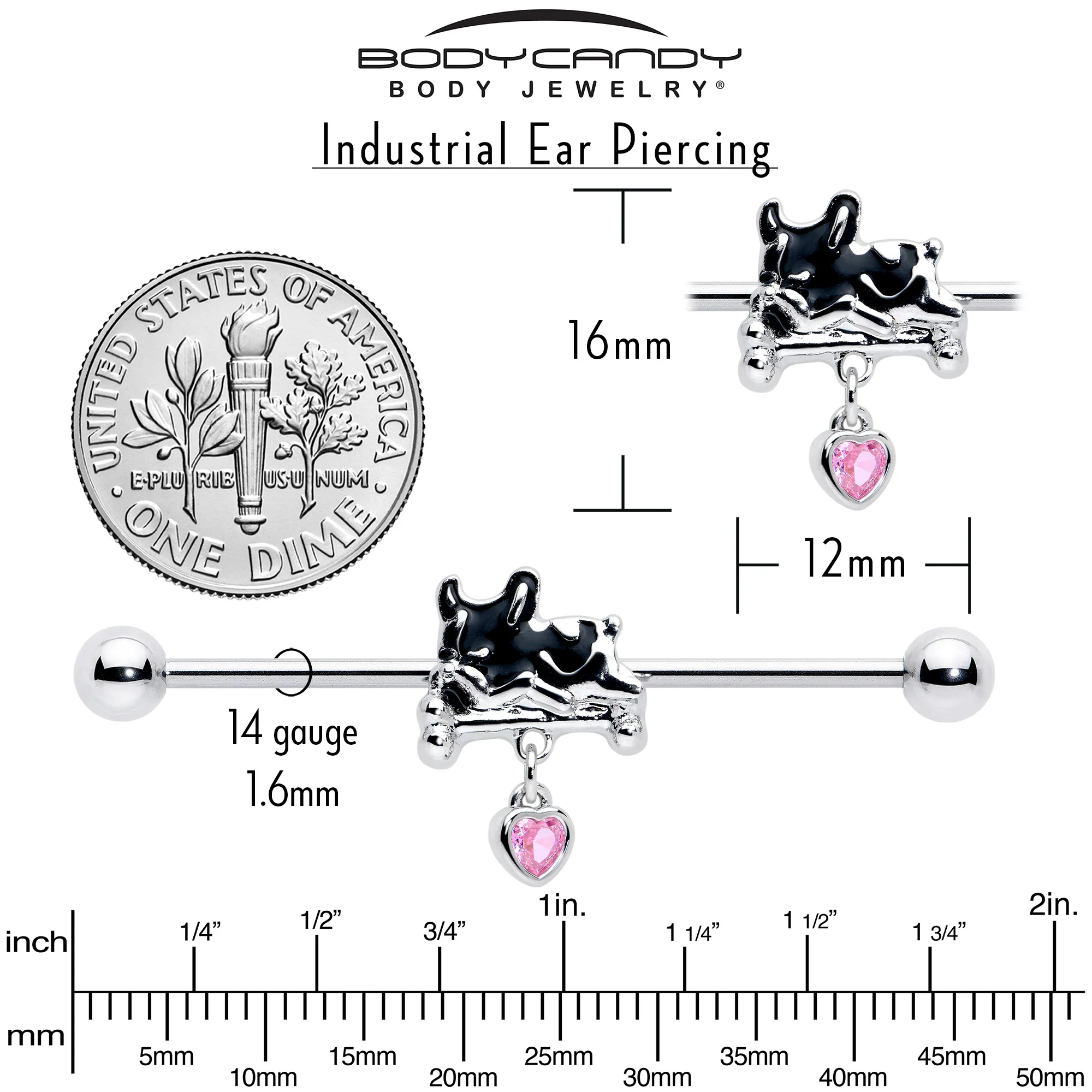 14G Pink Gem Sleepy French Bulldog Dangle Industrial Barbell 38mm - Image 5