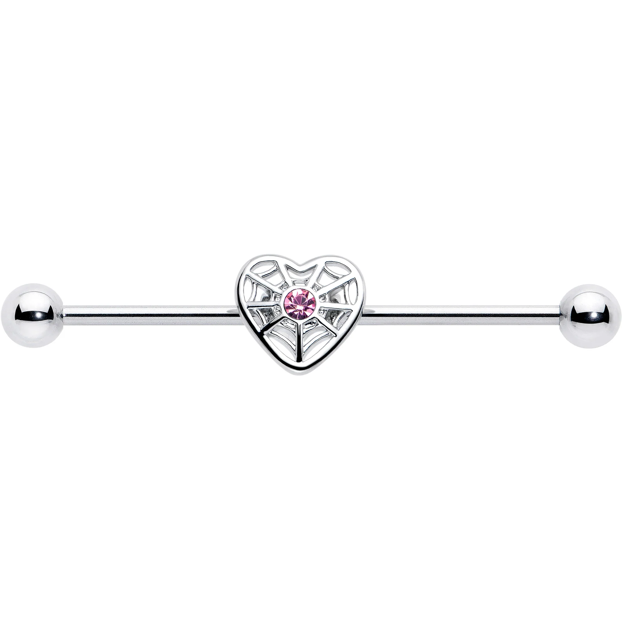 14G Pink Gem Spiderweb Heart Love Industrial Barbell 38mm - Image 3