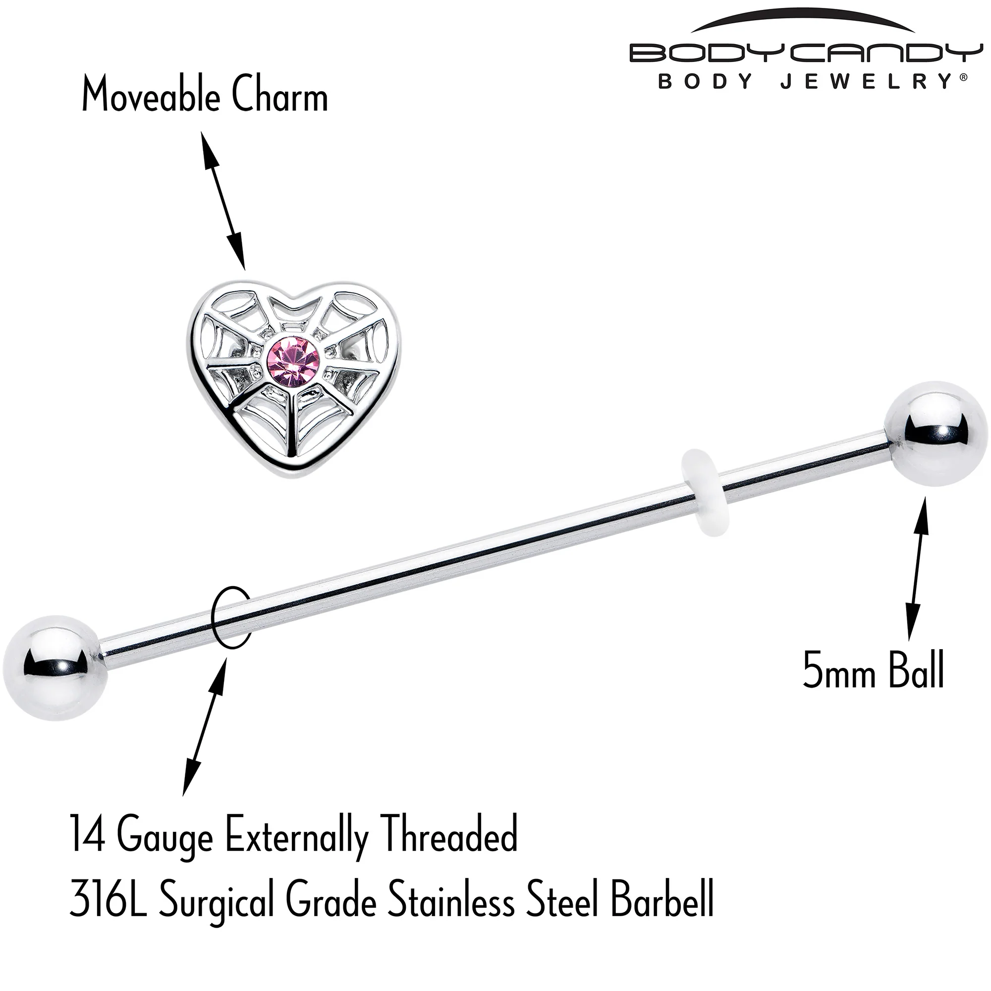 14G Pink Gem Spiderweb Heart Love Industrial Barbell 38mm - Image 4