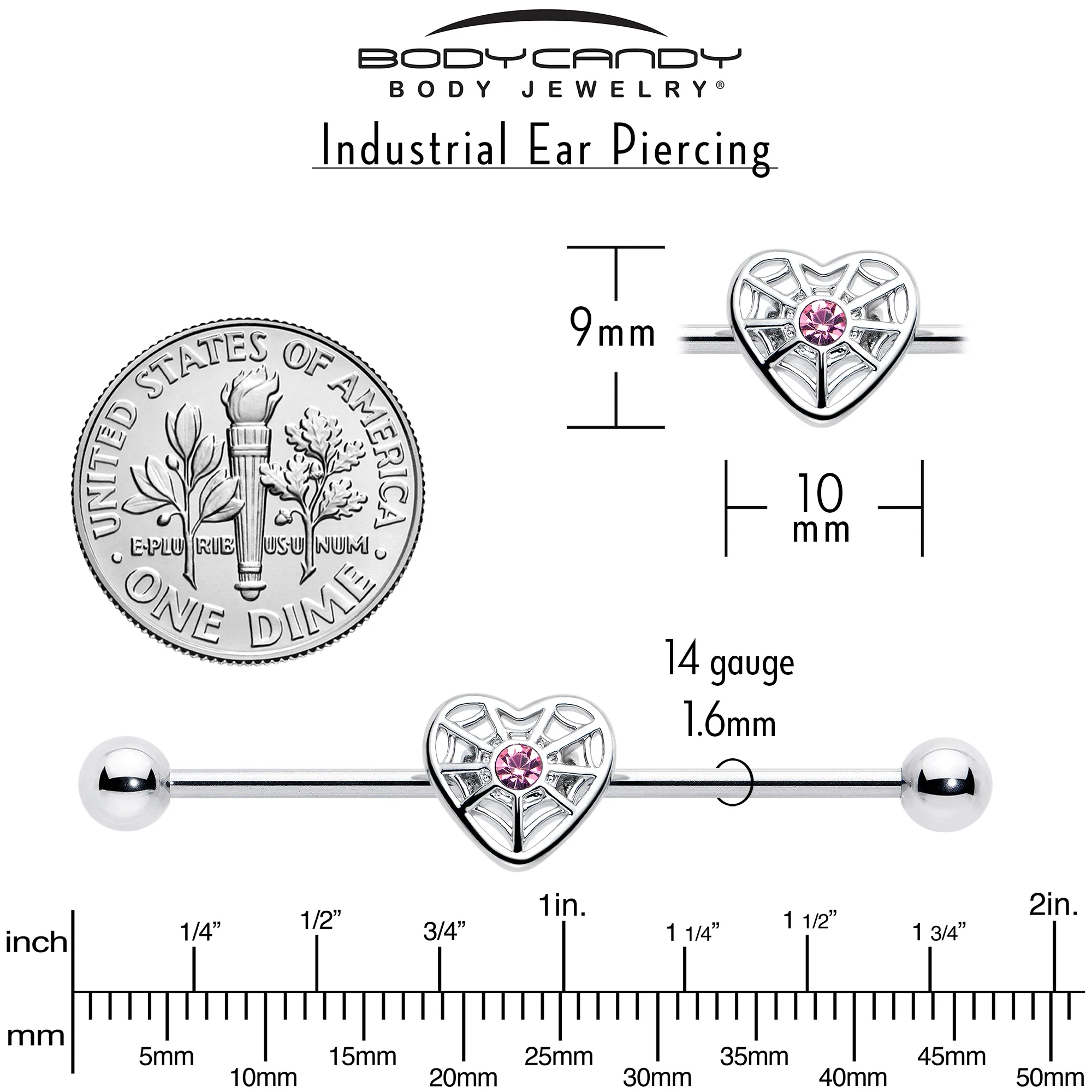 14G Pink Gem Spiderweb Heart Love Industrial Barbell 38mm - Image 5
