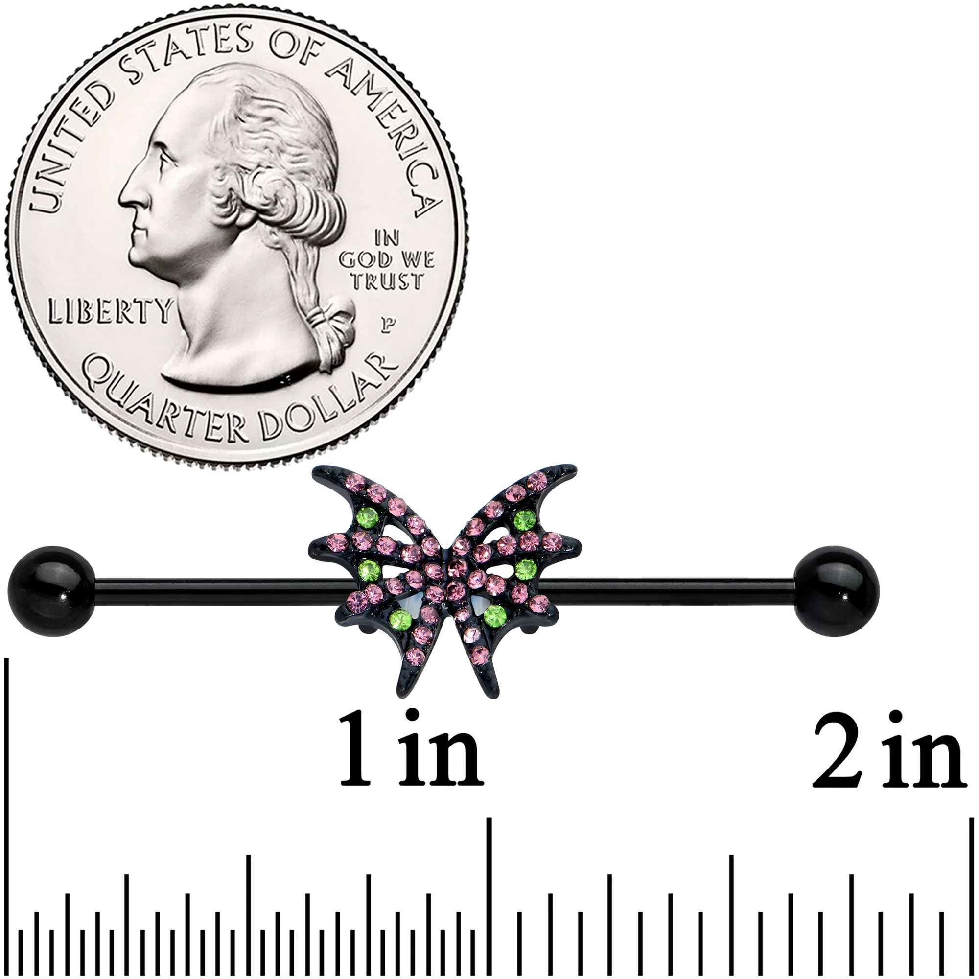 14G Pink Green Gem Black Bat Wing Industrial Barbell 38mm - Image 2