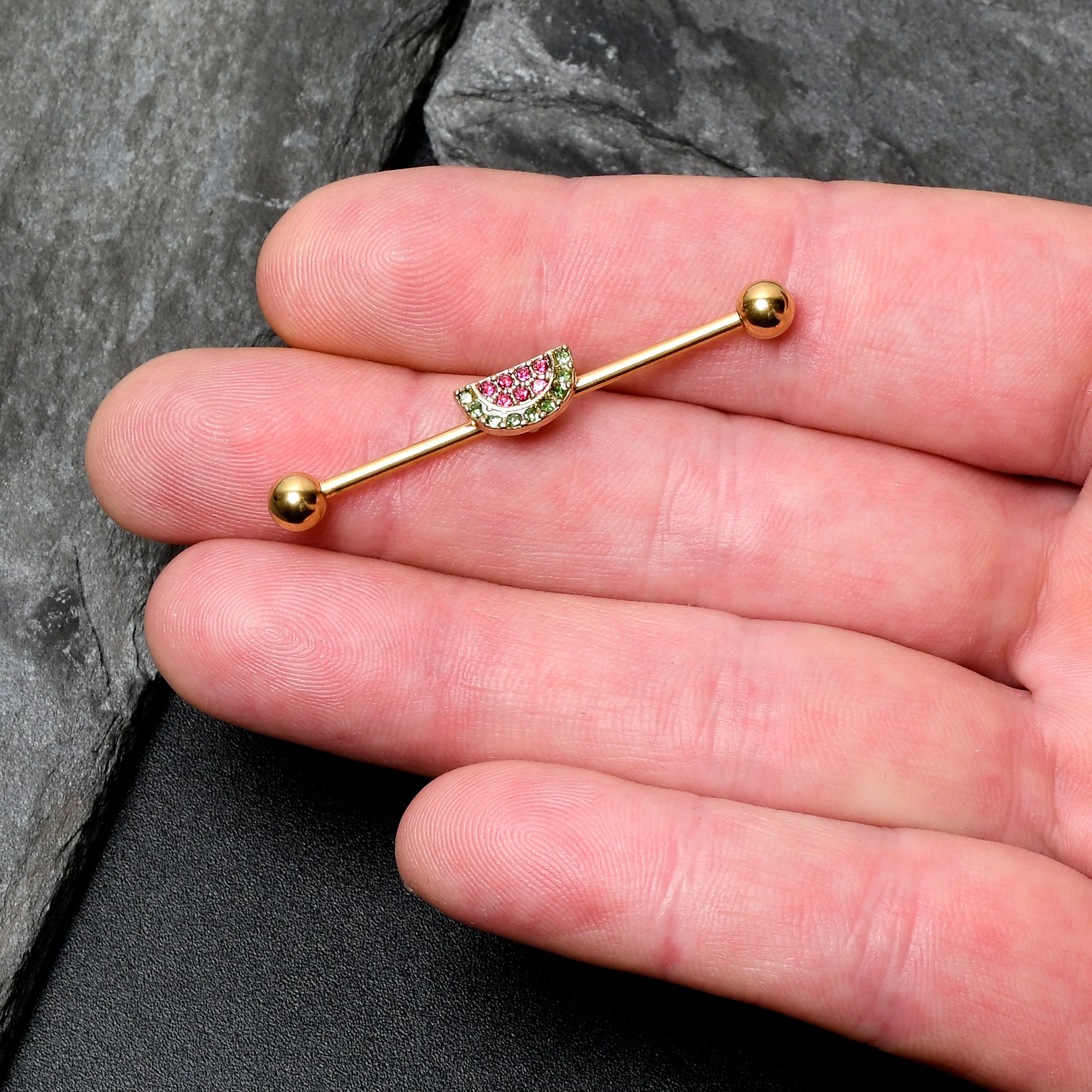 14G Pink Green Gem Gold Hue Watermelon Yum Industrial Barbell 38mm - Image 3