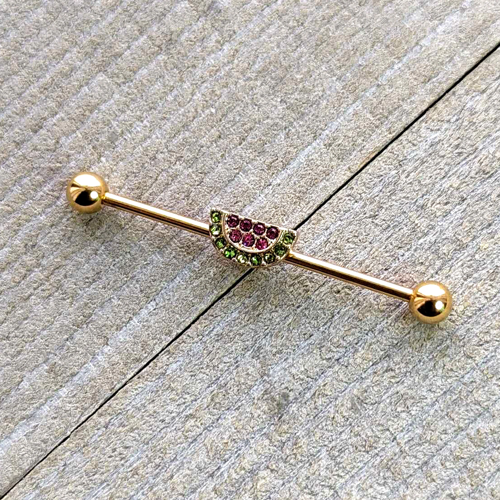 14G Pink Green Gem Gold Hue Watermelon Yum Industrial Barbell 38mm - Image 4