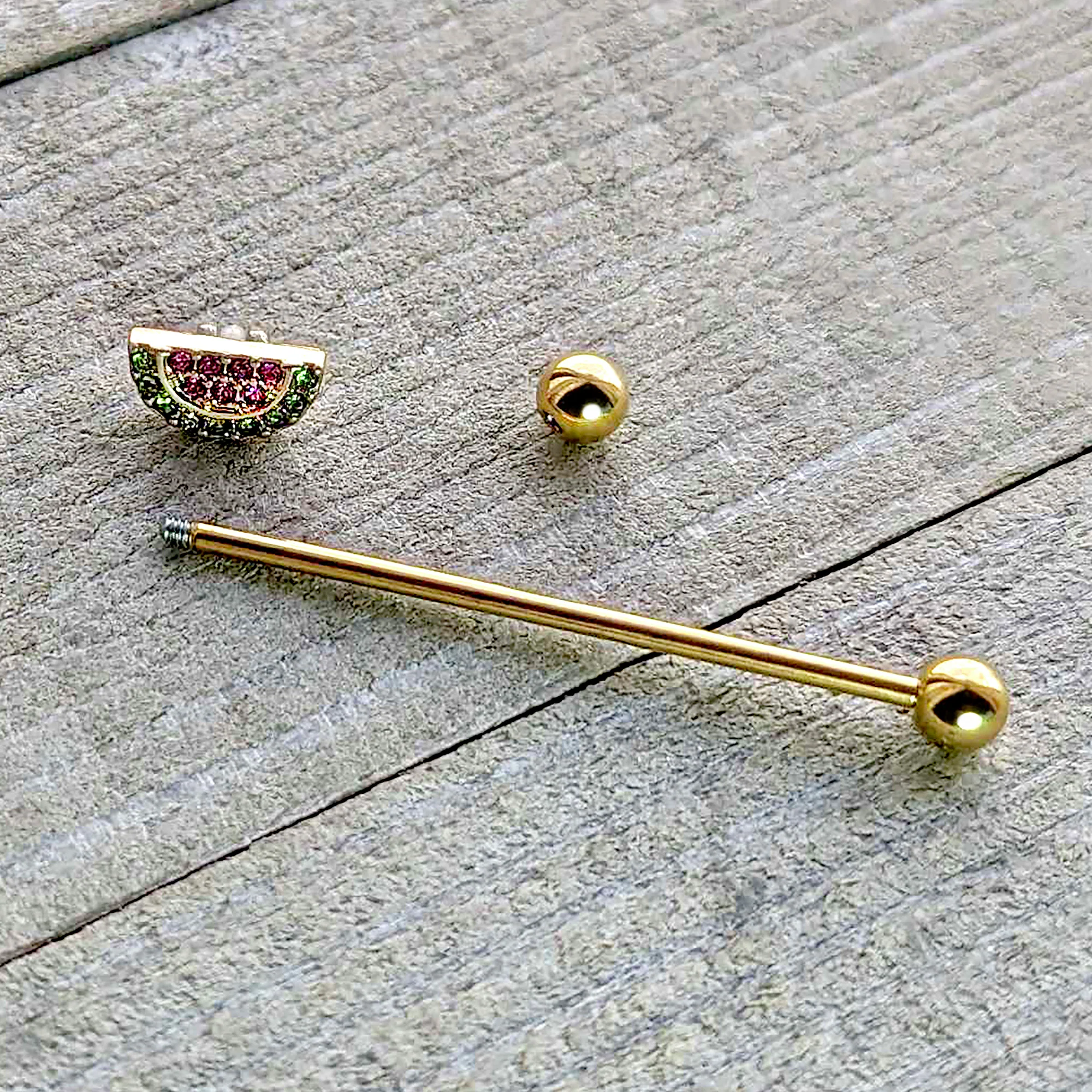 14G Pink Green Gem Gold Hue Watermelon Yum Industrial Barbell 38mm - Image 5