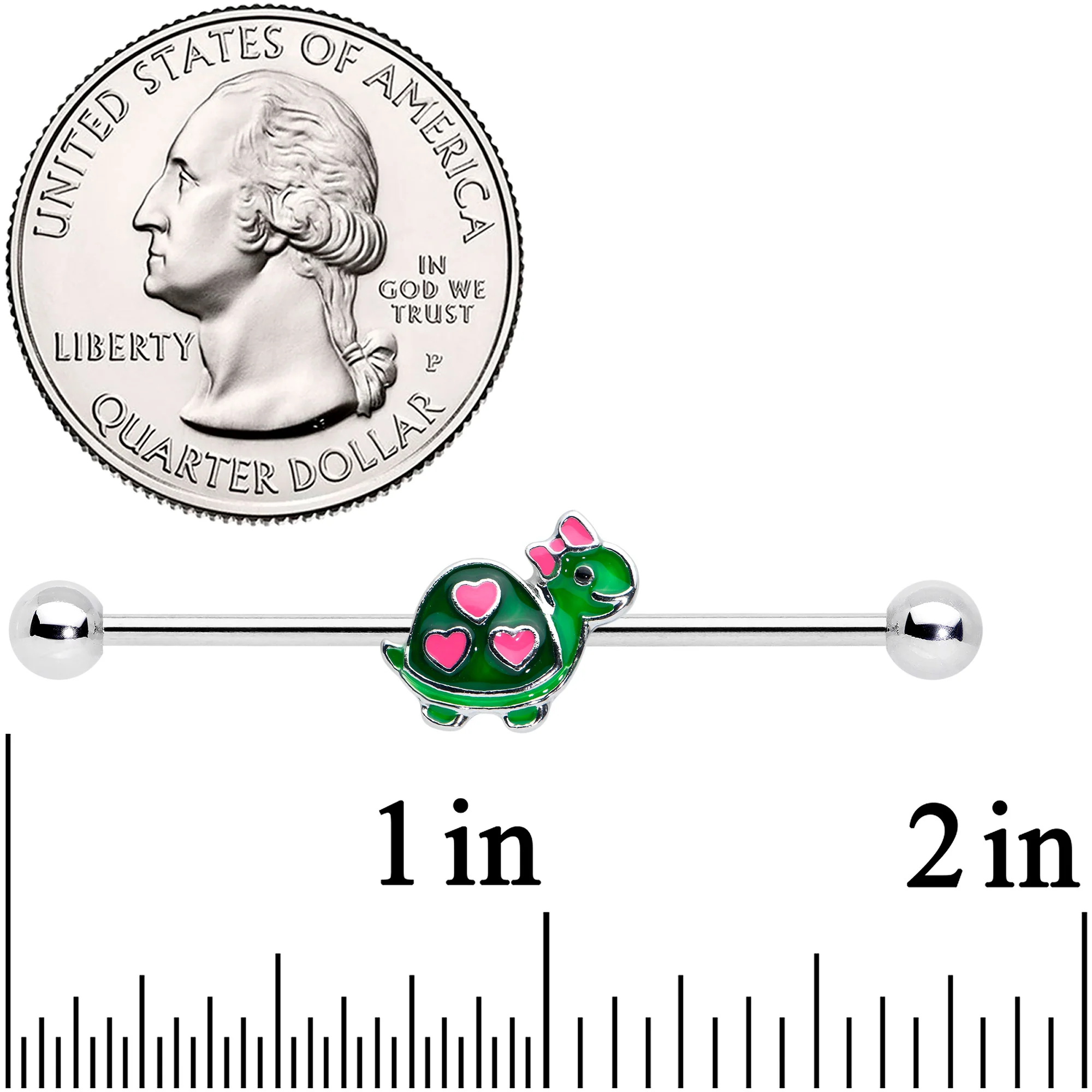 14G Pink Green Hearts Bow Pretty Turtle Industrial Barbell 38mm - Image 2