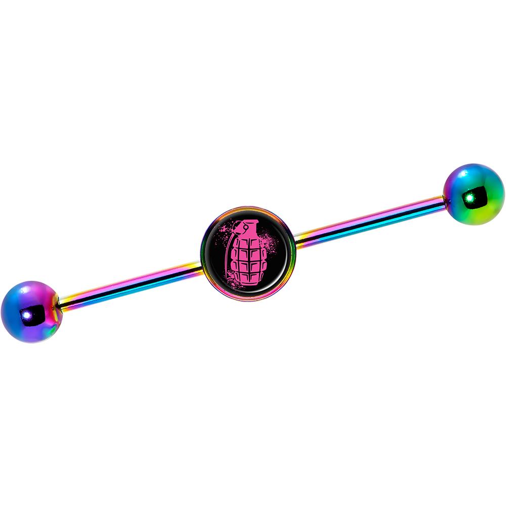 14G Pink Grenade Rainbow Industrial Barbell 37mm - Image 2