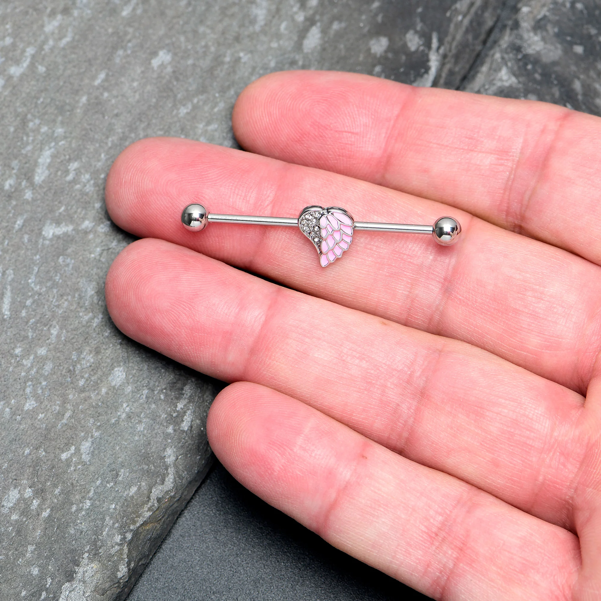 14G Pink Heavenly Heart Angel Wings Industrial Barbell 38mm - Image 3