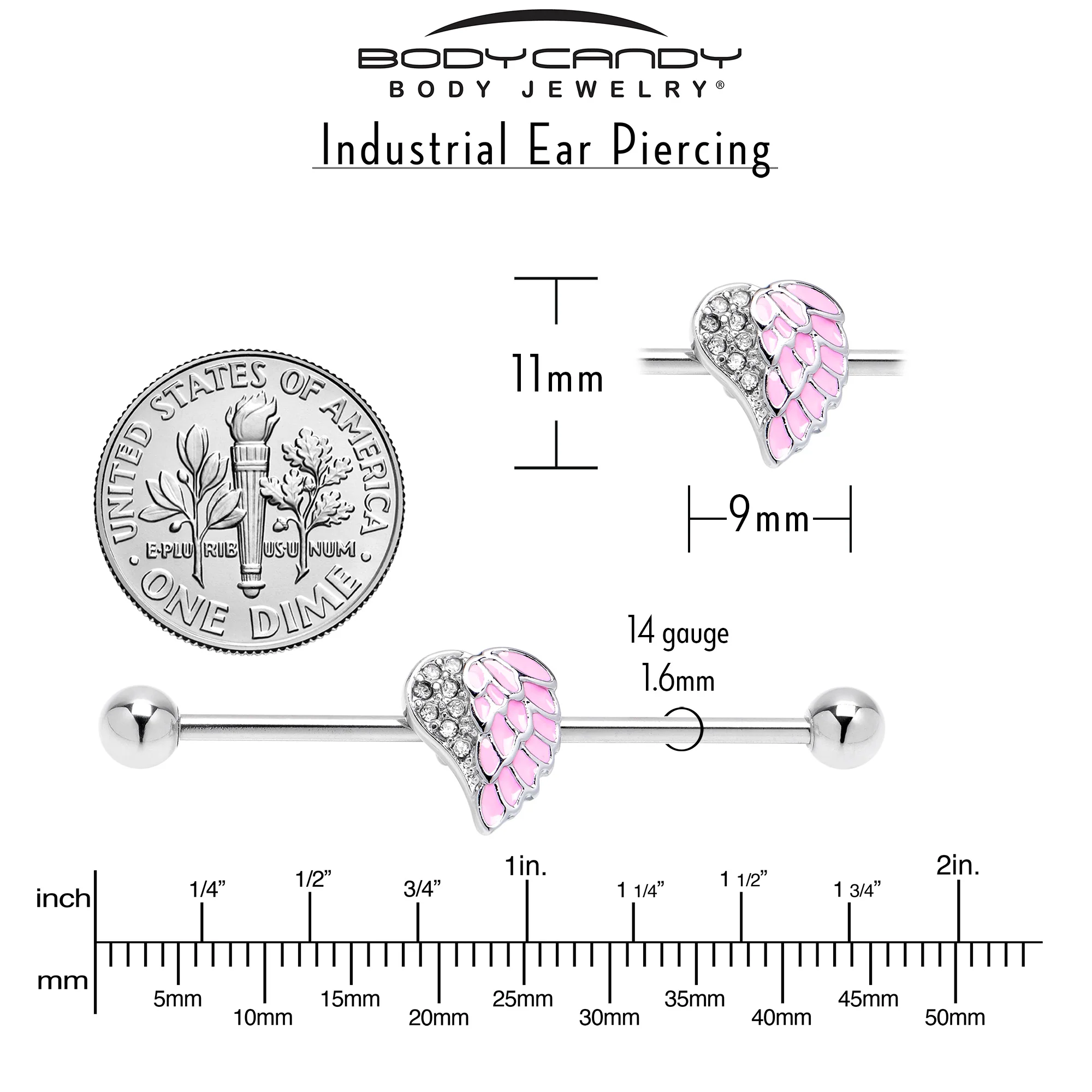 14G Pink Heavenly Heart Angel Wings Industrial Barbell 38mm - Image 4