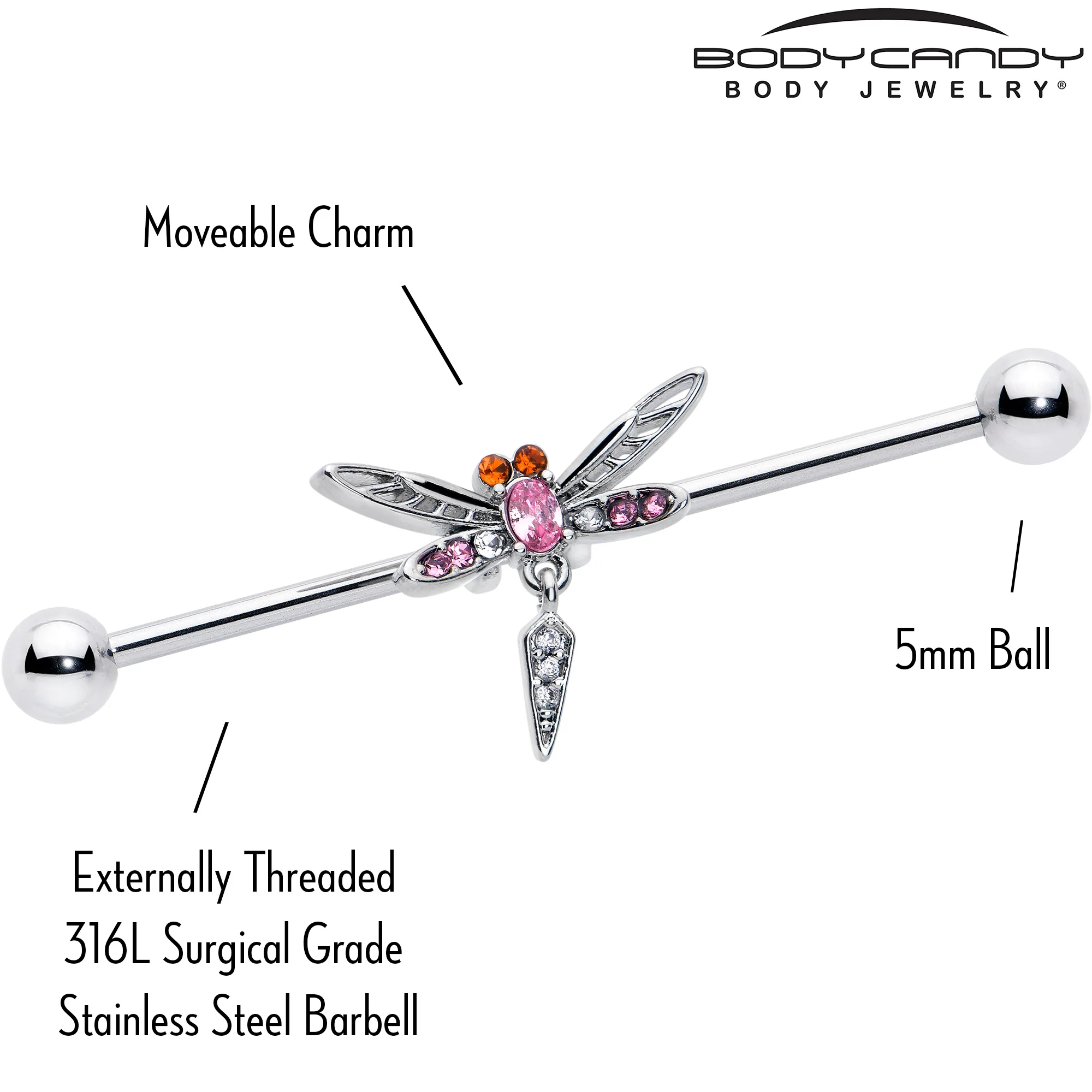 14G Pink Orange Gem Swank Dragonfly Dangle Industrial Barbell 38mm - Image 3