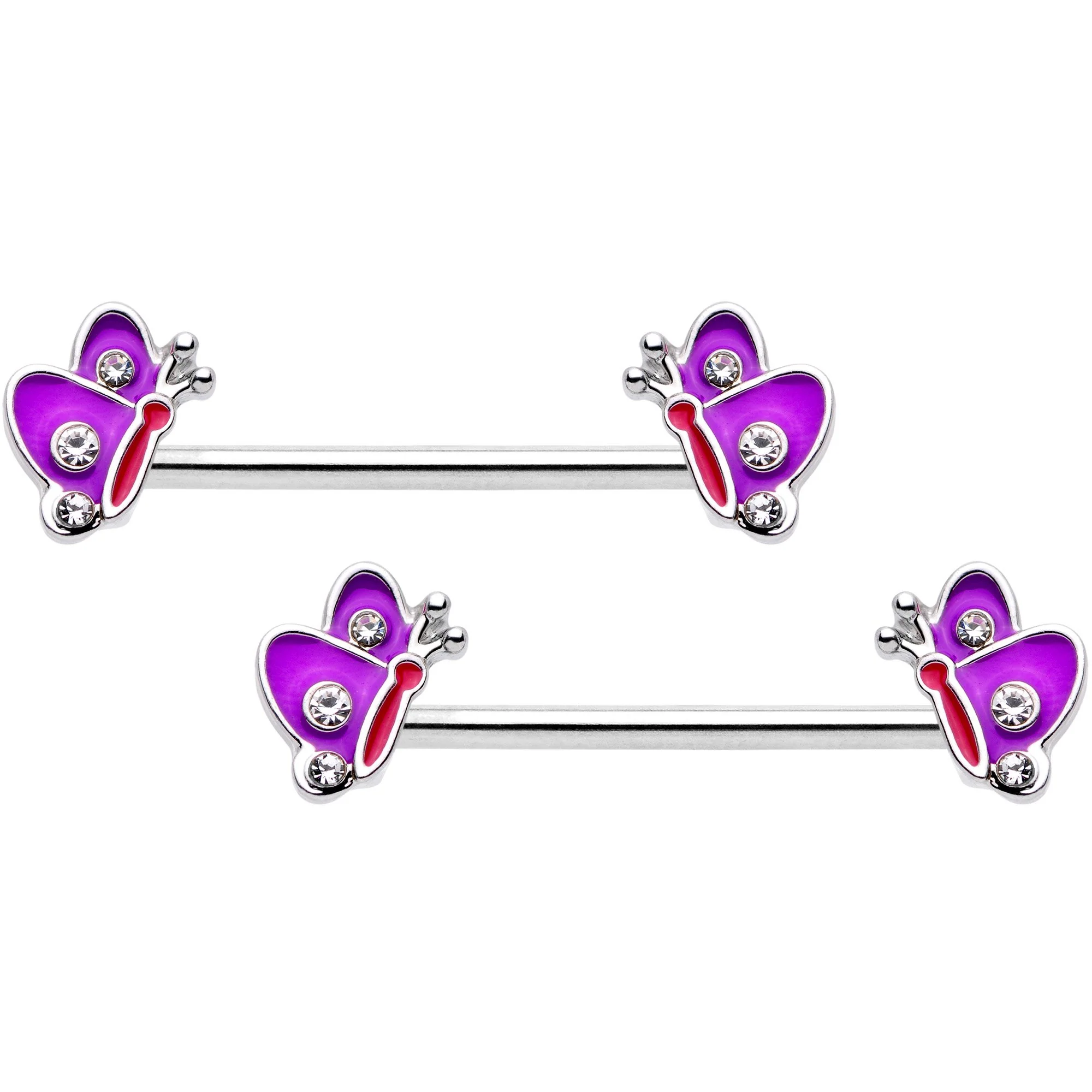 14G Pink Purple Butterfly Horseshoe Barbell Nipple Ring Set of 4 - Image 2