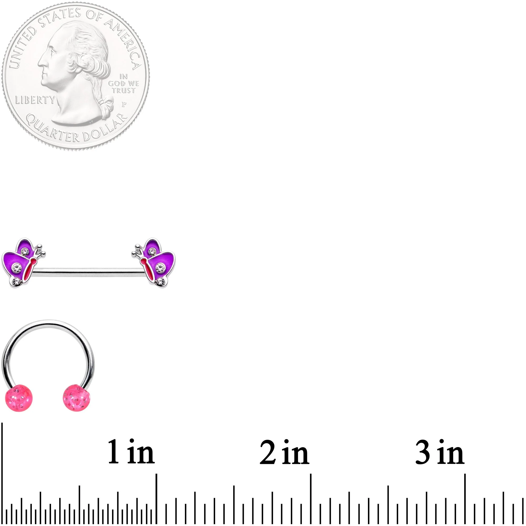14G Pink Purple Butterfly Horseshoe Barbell Nipple Ring Set of 4 - Image 4