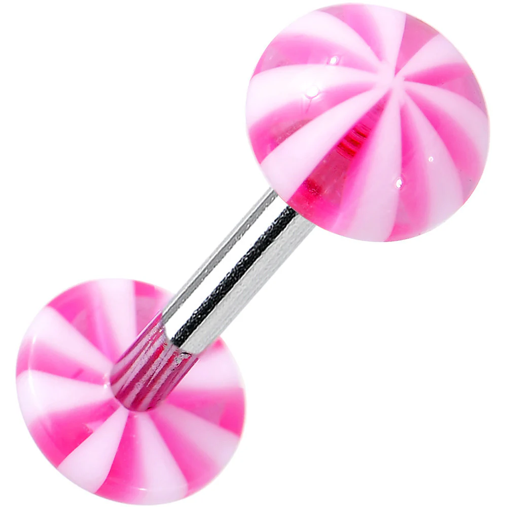 14G Pink White Acrylic Peppermint Love Barbell Tongue Ring 5/8
