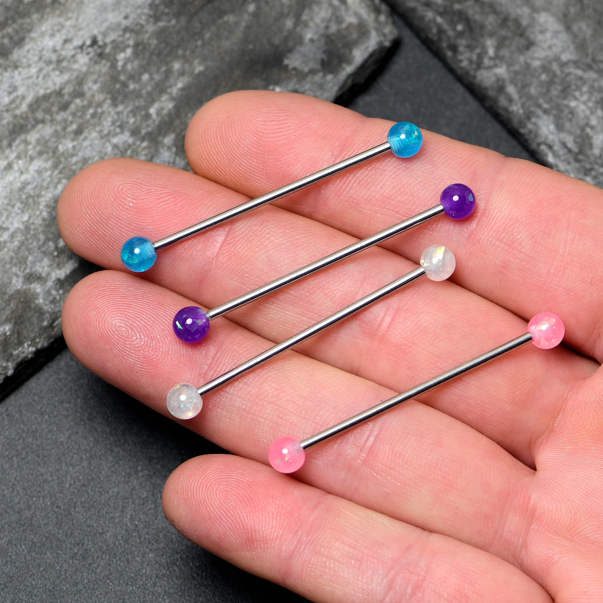 14G Pink White Purple Faux Opal Pack Industrial Barbell Set of 4 - Image 4