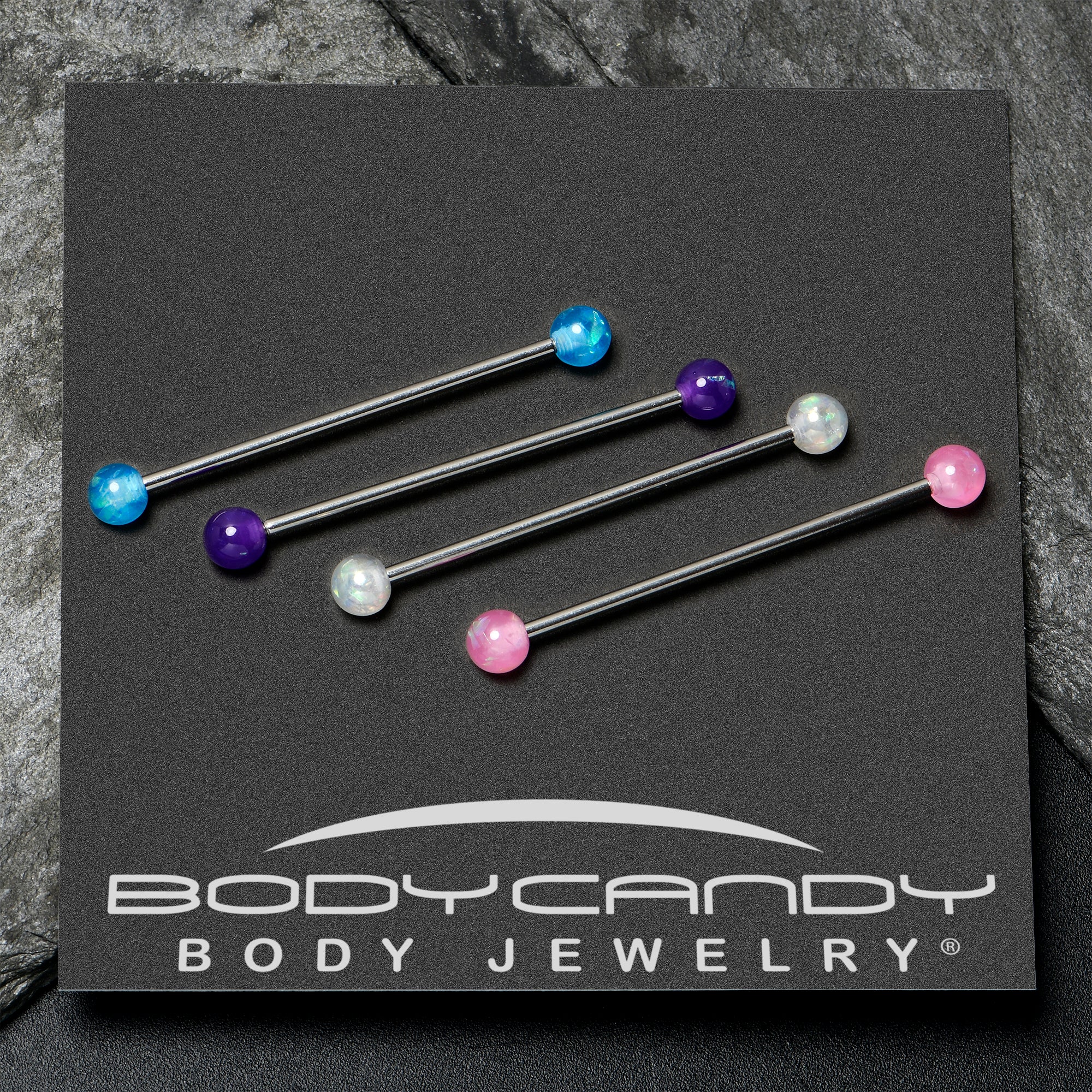 14G Pink White Purple Faux Opal Pack Industrial Barbell Set of 4 - Image 6