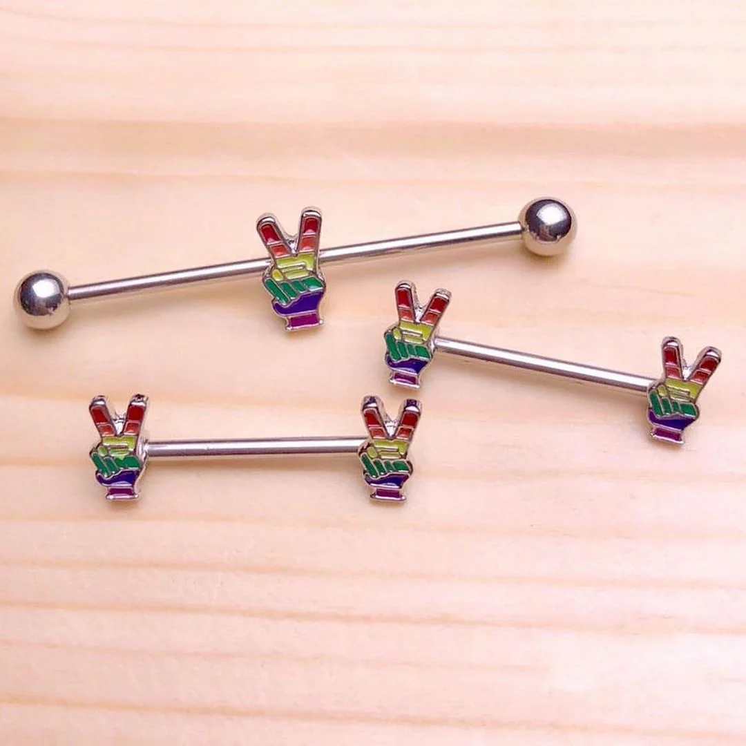 14G Pride Rainbow Peace Sign Barbell Nipple Ring Set - Image 2
