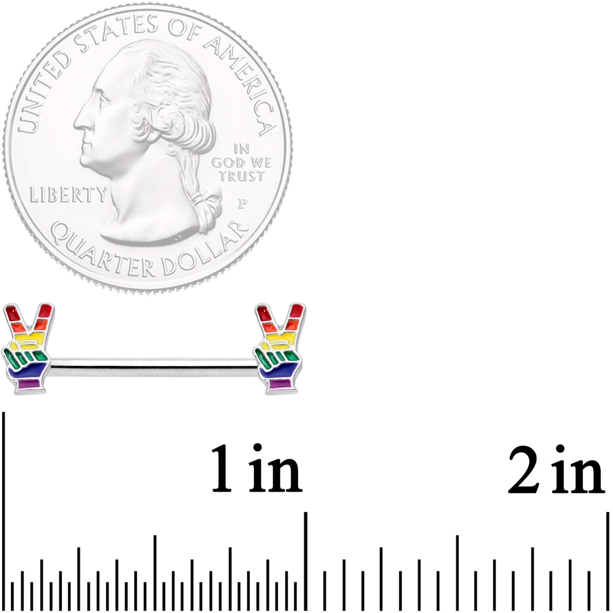 14G Pride Rainbow Peace Sign Barbell Nipple Ring Set - Image 3
