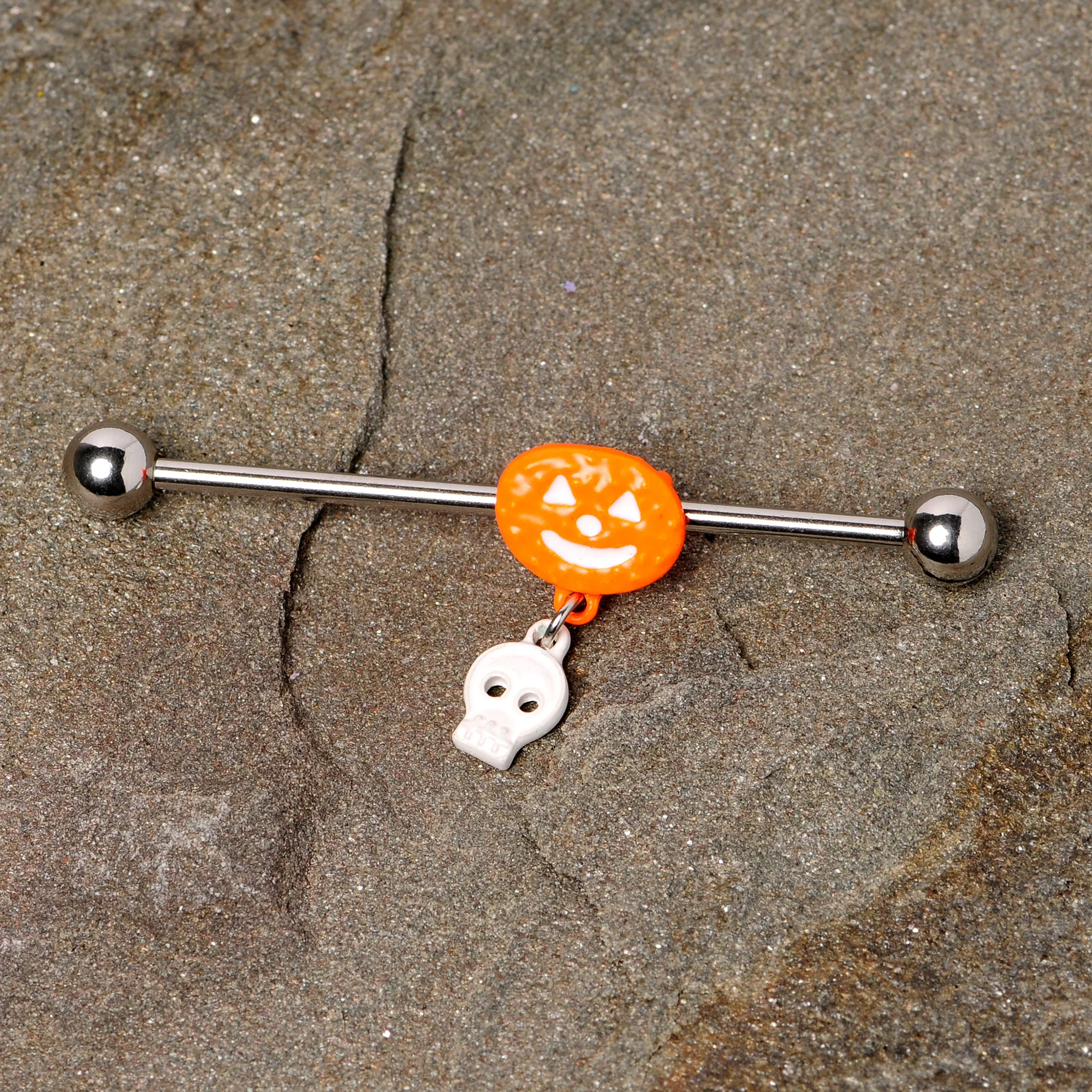 14G Pumpkin Skull Halloween Dangle Industrial Barbell 38mm - Image 2