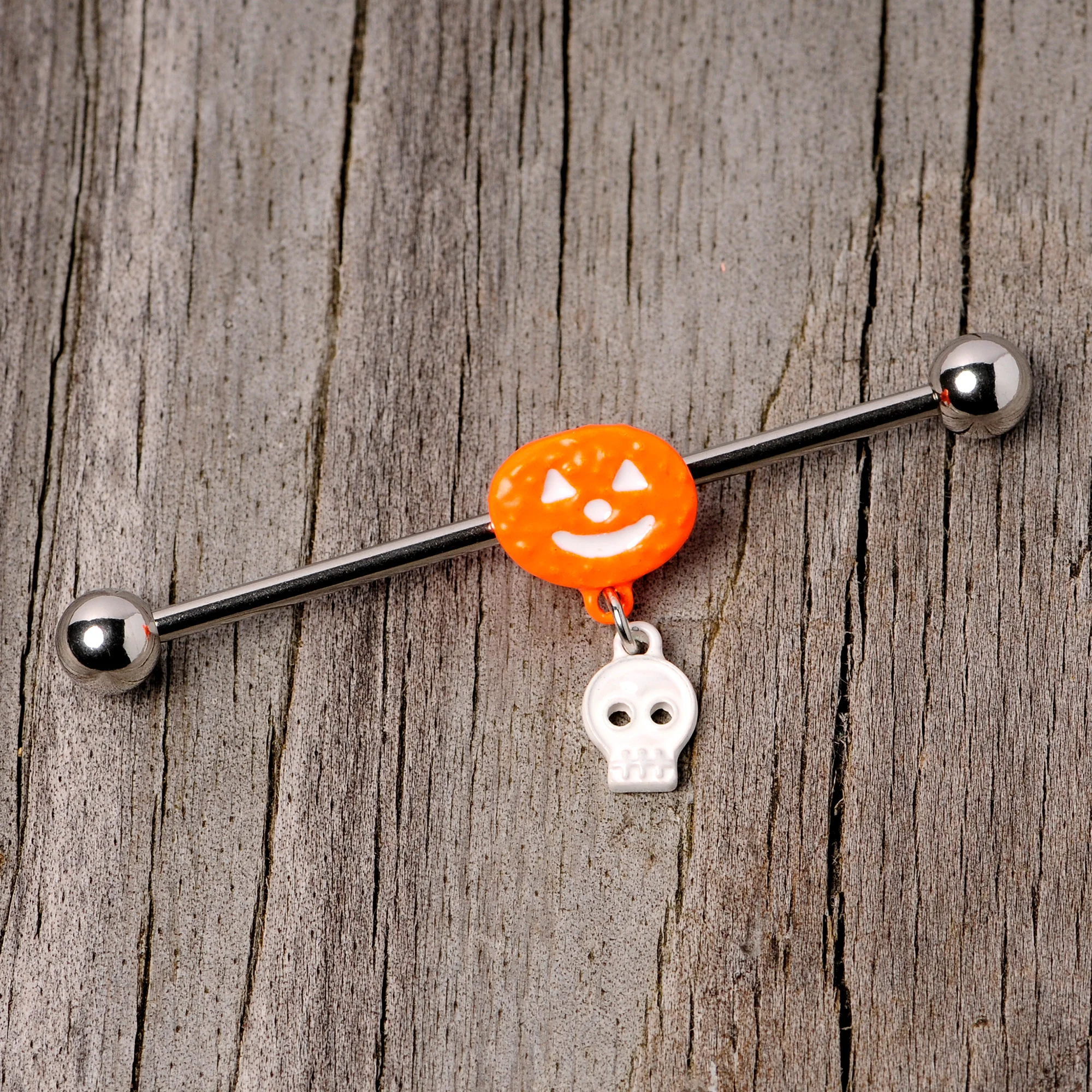14G Pumpkin Skull Halloween Dangle Industrial Barbell 38mm - Image 3