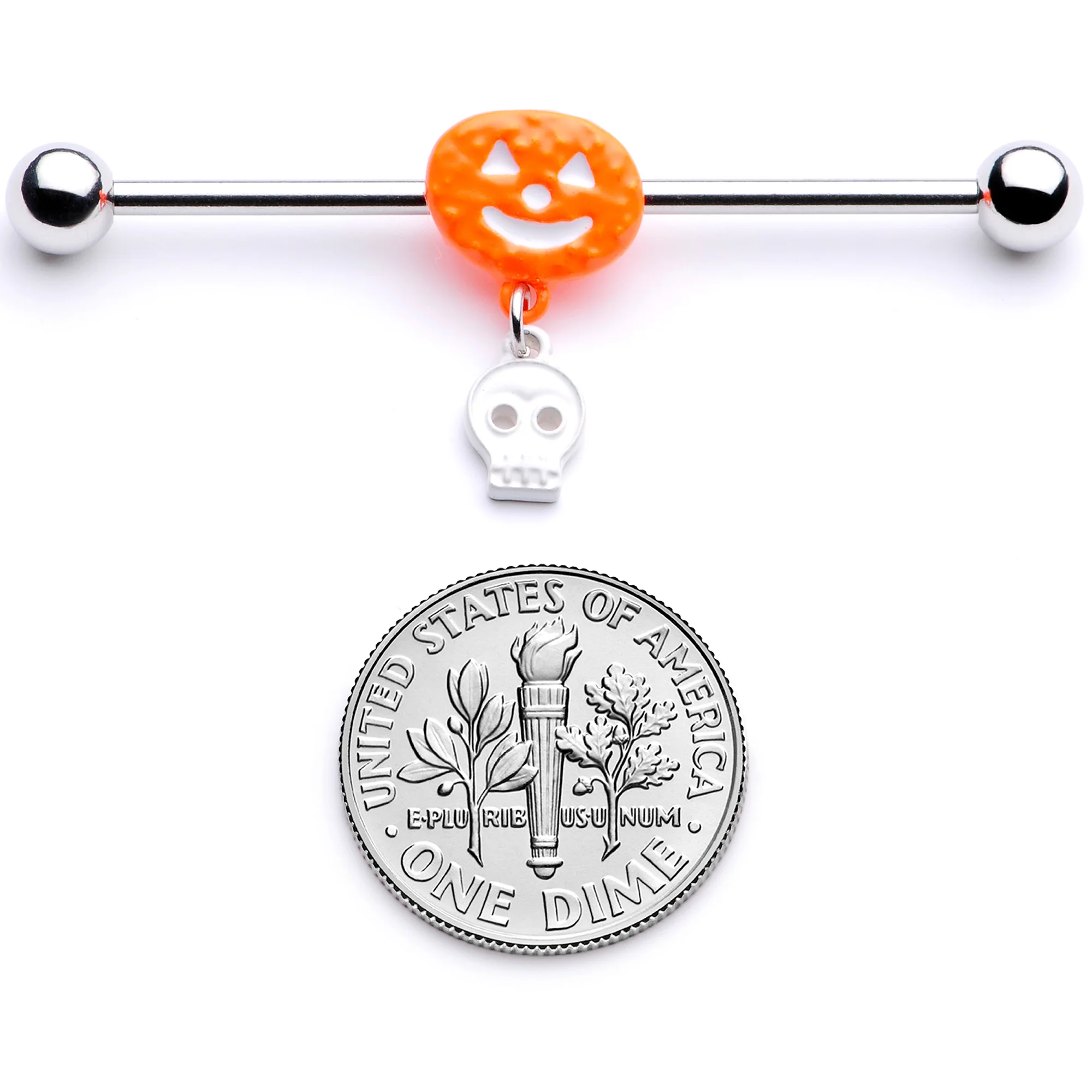 14G Pumpkin Skull Halloween Dangle Industrial Barbell 38mm - Image 4