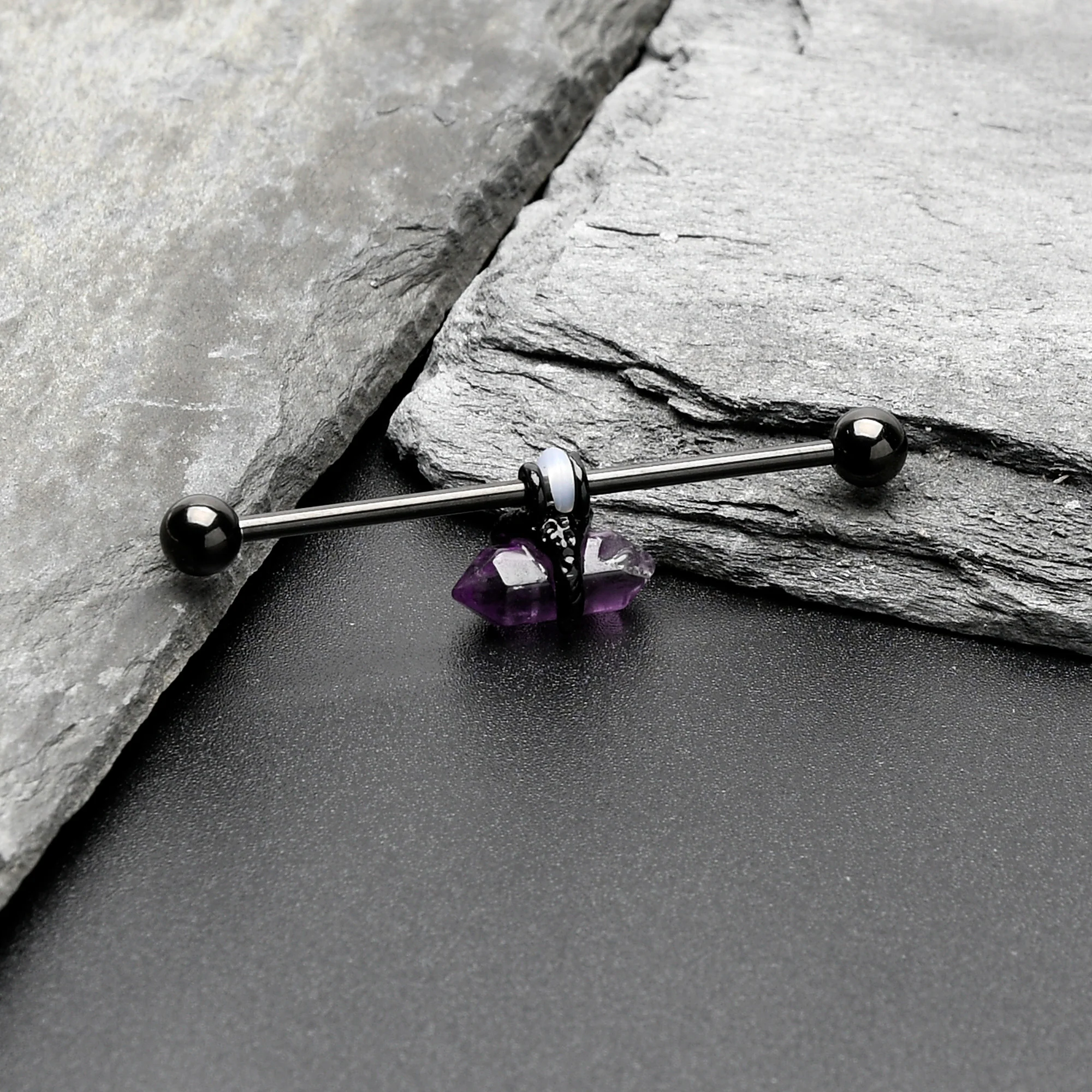 14G Purple Amethyst Black Claw Industrial Barbell 38mm - Image 4