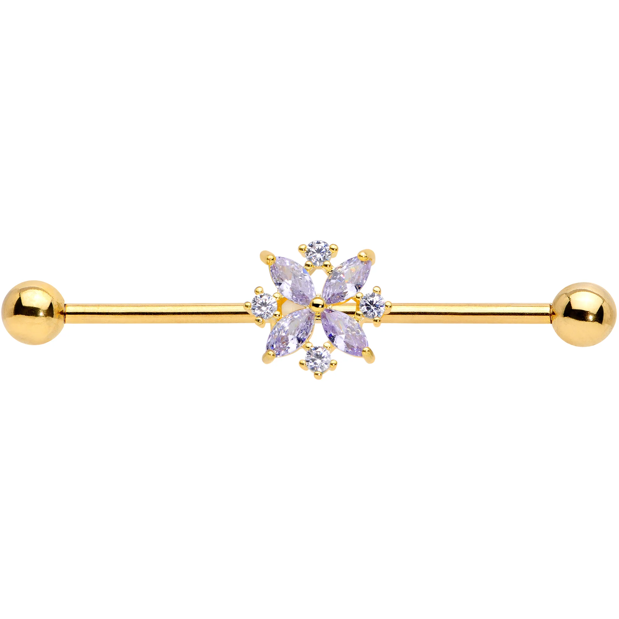 14G Purple CZ Gem Gold Tone Star Burst Industrial Barbell 38mm - Image 4